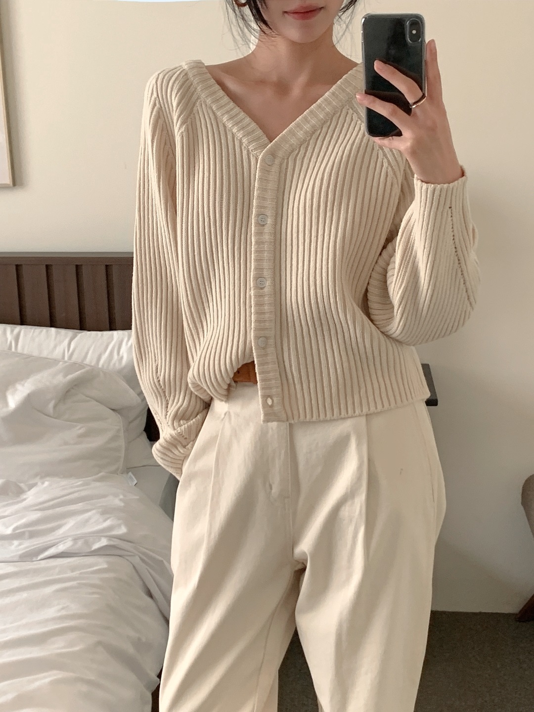 リブアクリルボタンVネックラグランルーズ長袖無地カーディガン | 詳細画像5