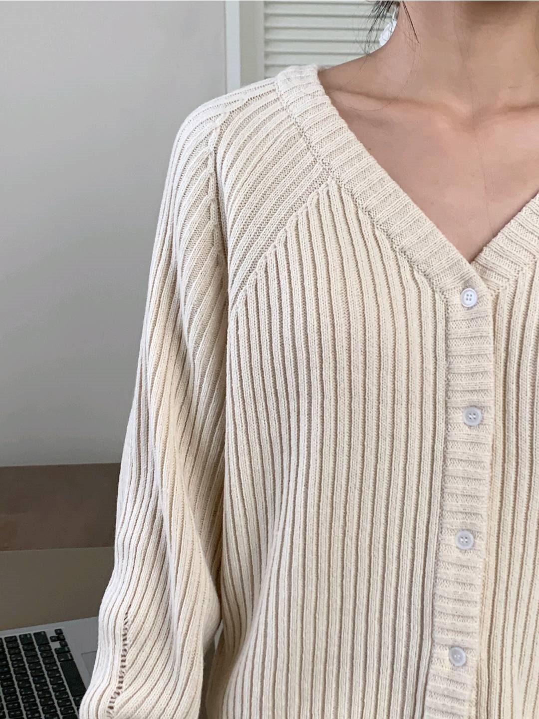 リブアクリルボタンVネックラグランルーズ長袖無地カーディガン | 詳細画像7