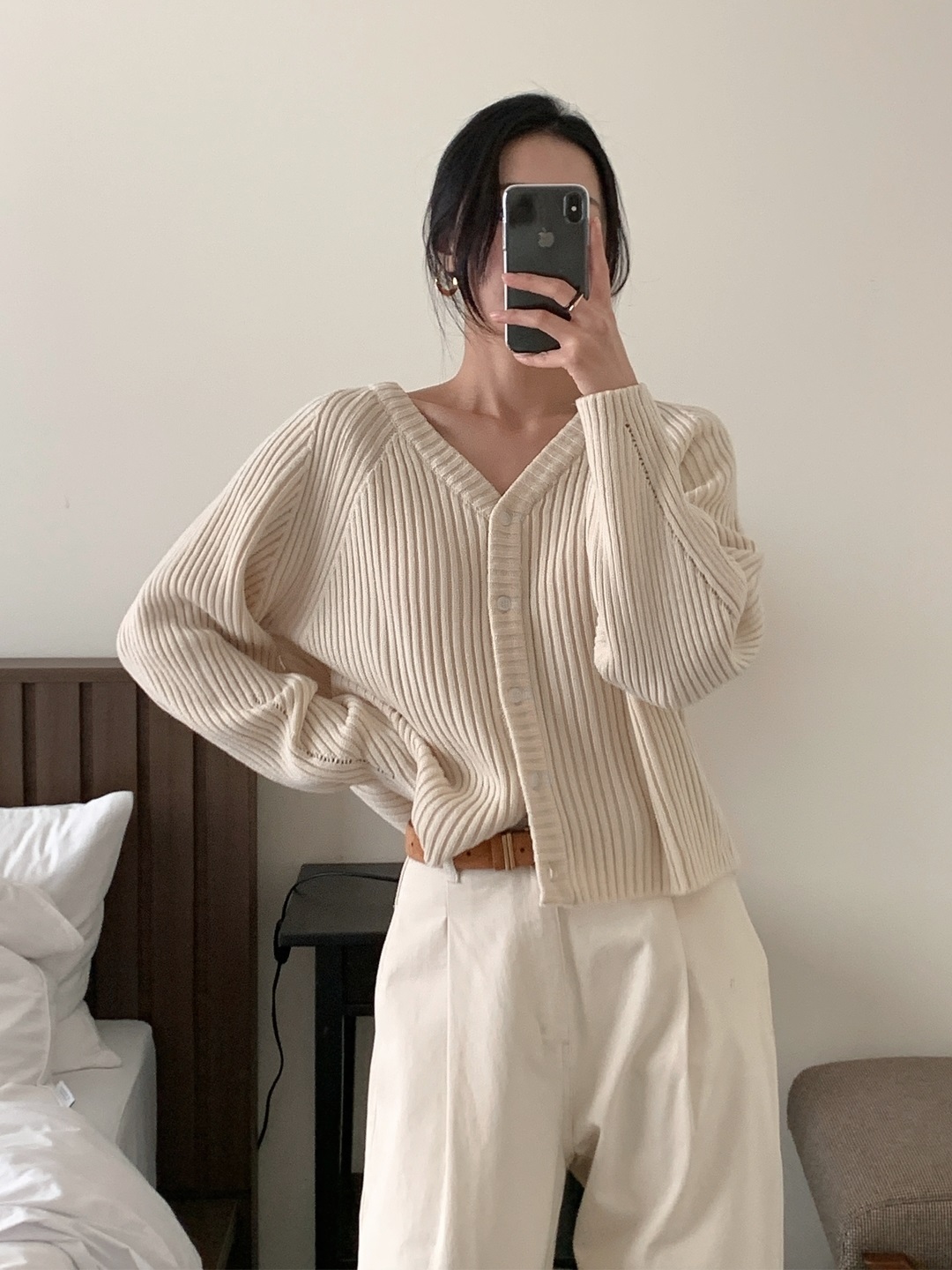 リブアクリルボタンVネックラグランルーズ長袖無地カーディガン | 詳細画像9