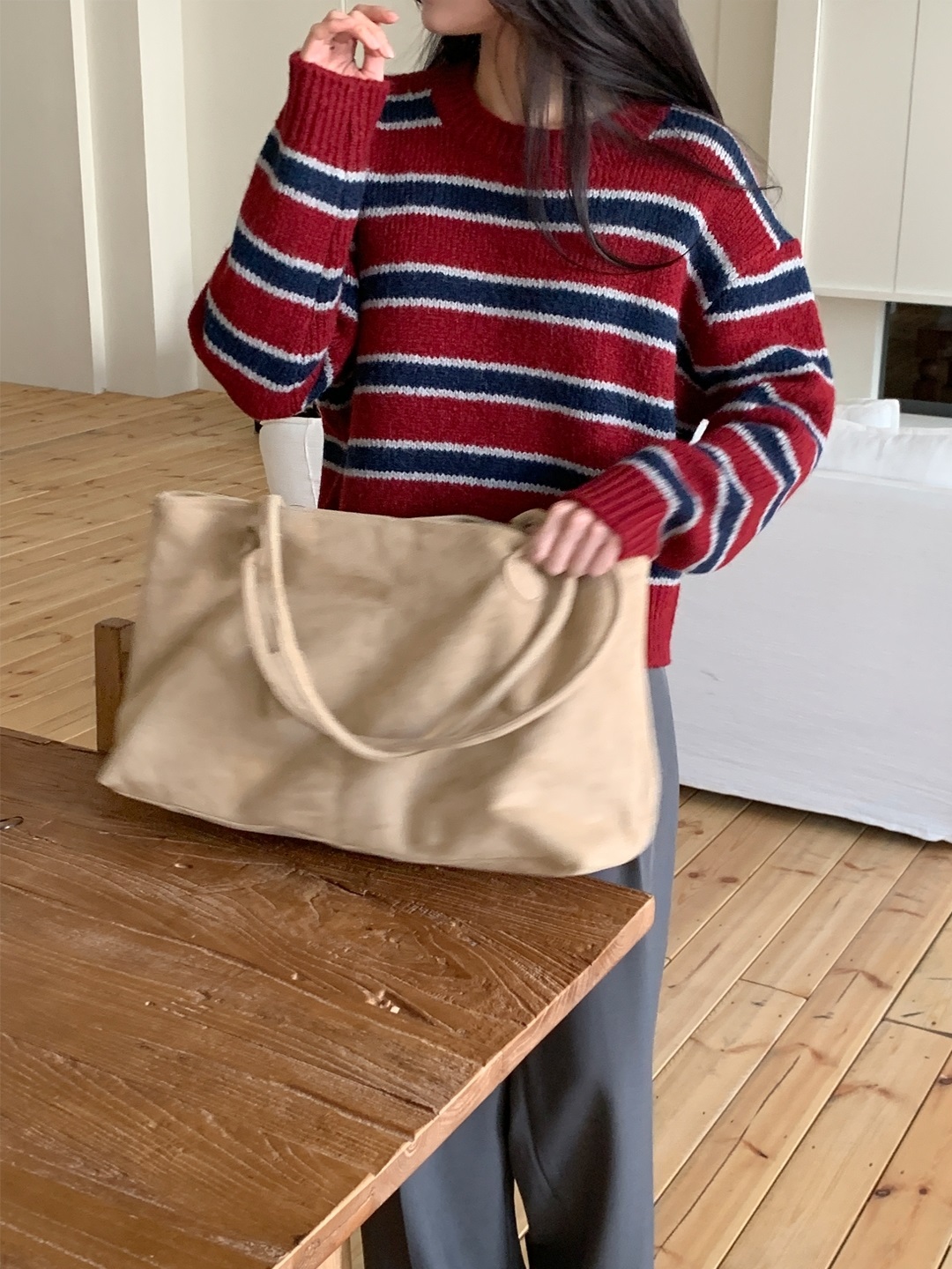 ラウンドネックルーズ長袖ボーダー配色ニット | 詳細画像5