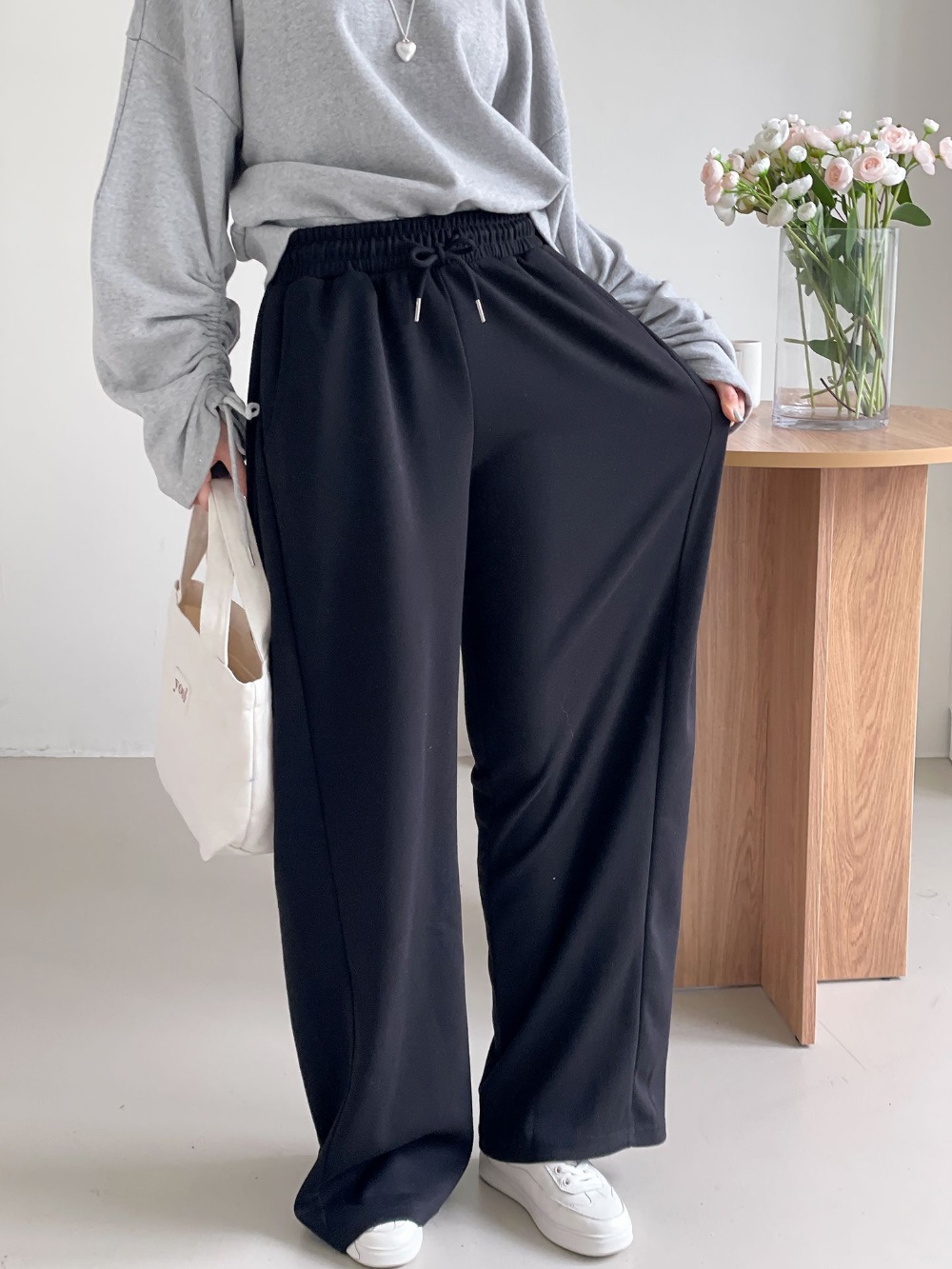 ドローストリングポケットウエストゴムロングワイドサイドピンタック無地パンツ[選べる丈] | 詳細画像12