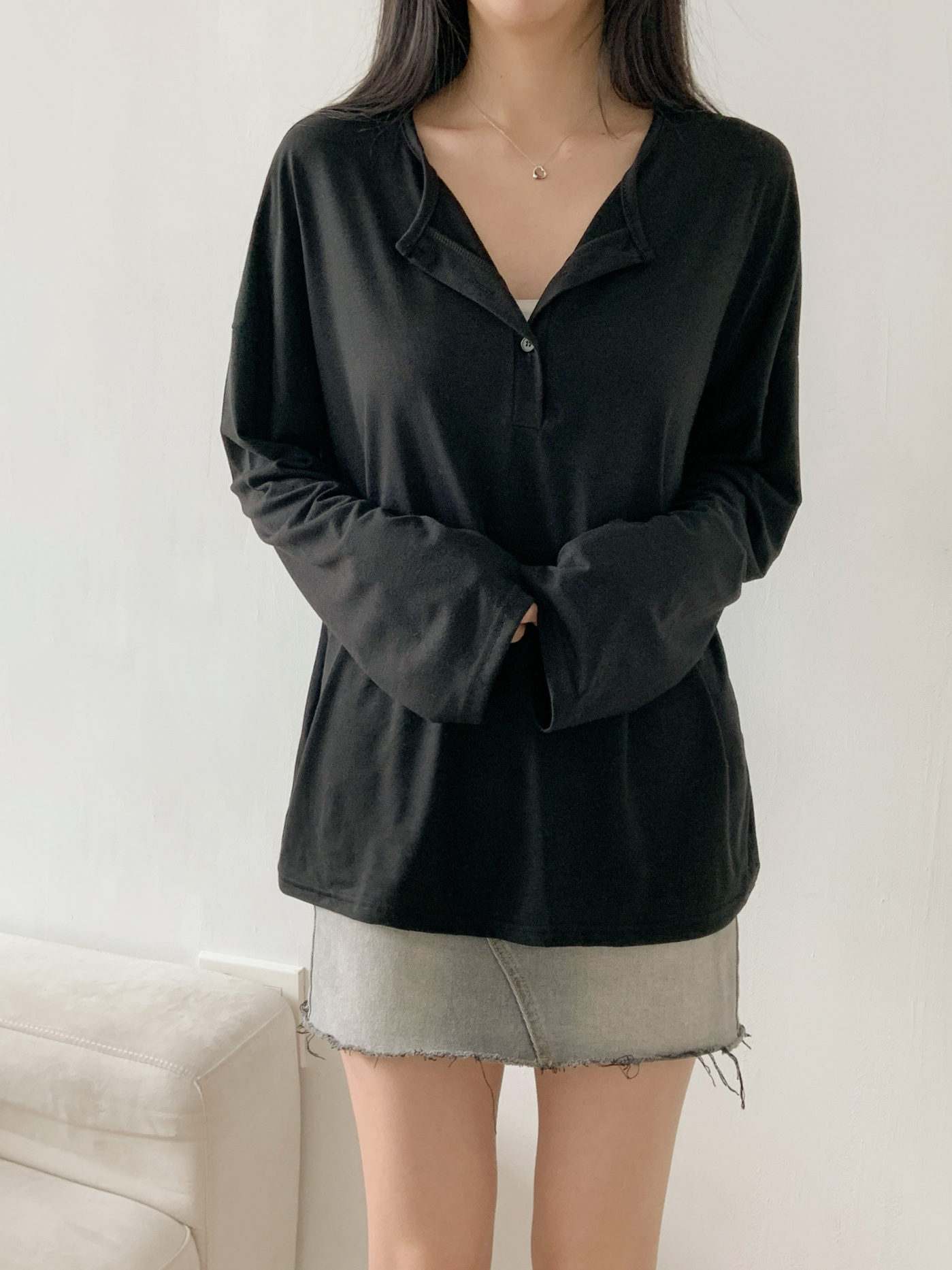 ヘンリーネックハーフボタンルーズ長袖無地Tシャツ | 詳細画像17