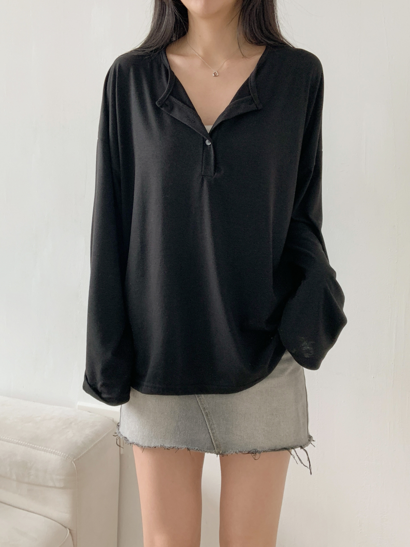 ヘンリーネックハーフボタンルーズ長袖無地Tシャツ | 詳細画像14