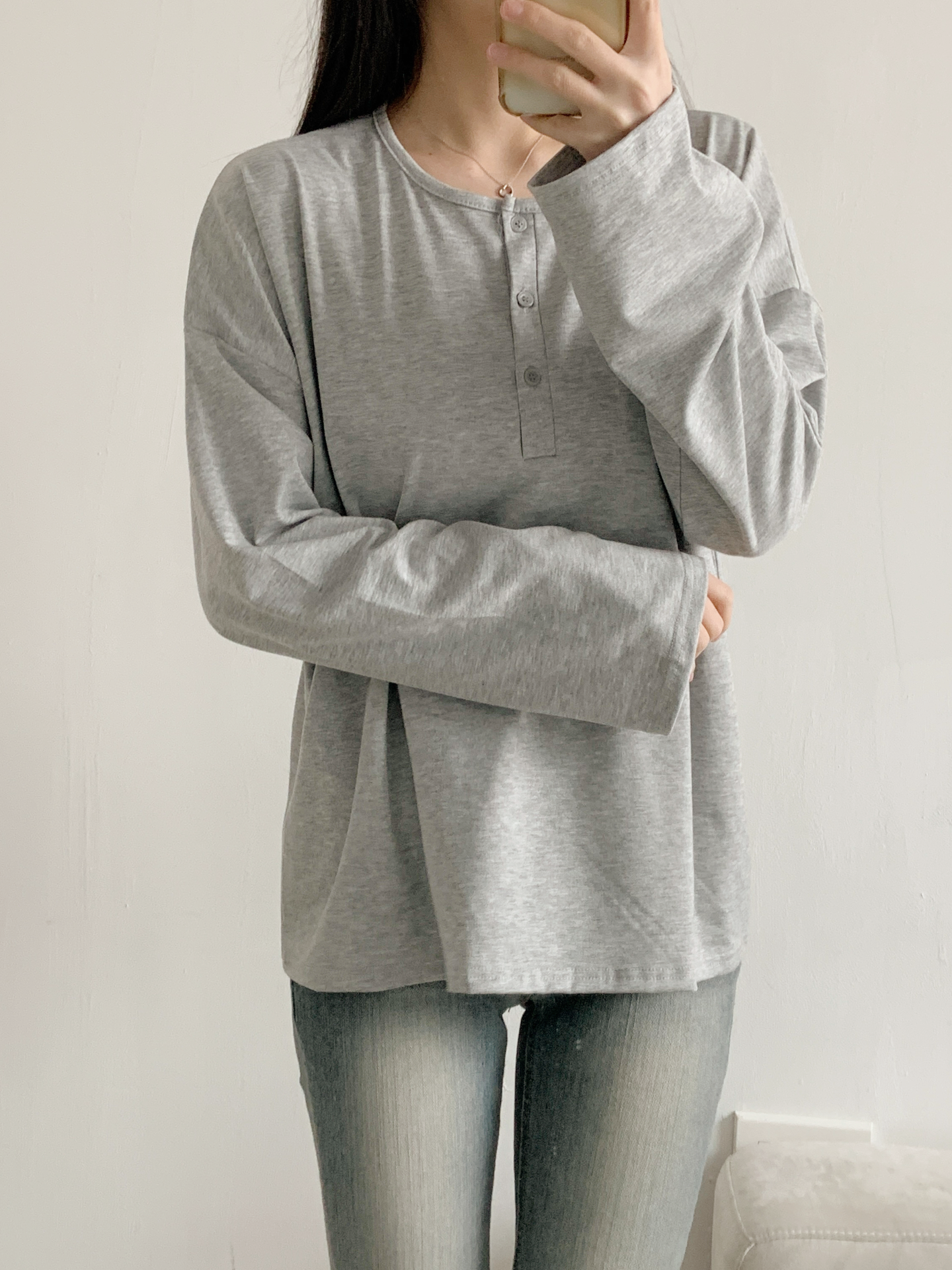 ヘンリーネックハーフボタンルーズ長袖無地Tシャツ | 詳細画像7