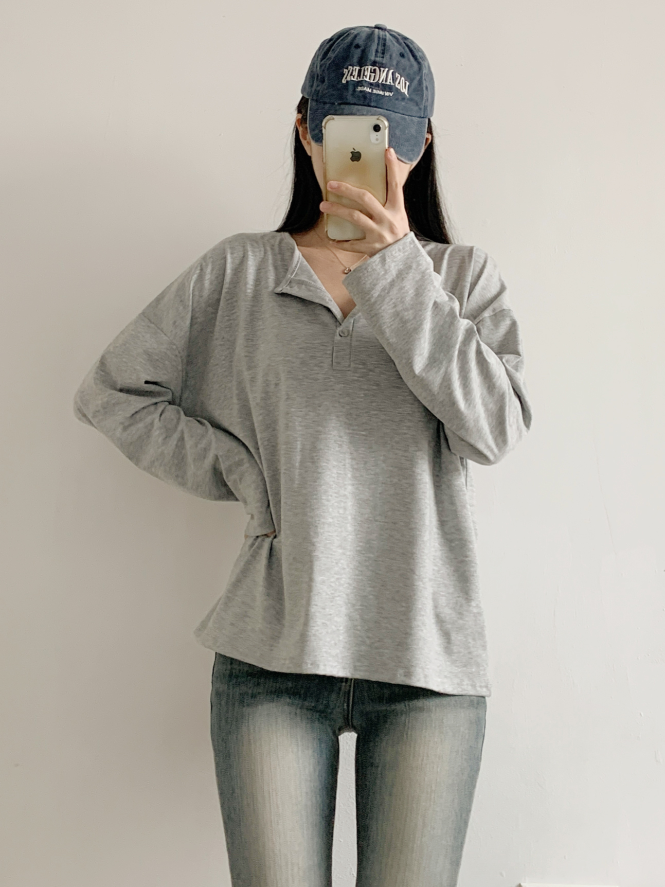 ヘンリーネックハーフボタンルーズ長袖無地Tシャツ | 詳細画像3