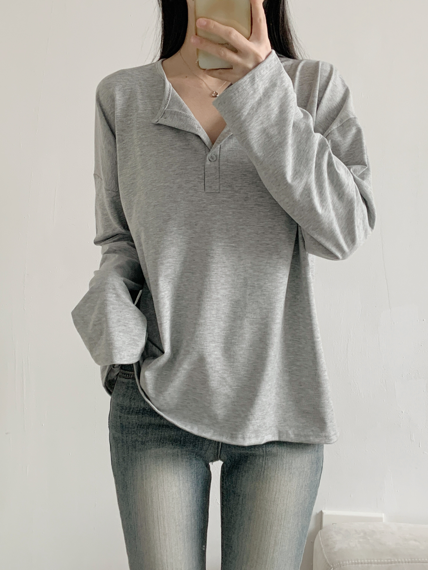 ヘンリーネックハーフボタンルーズ長袖無地Tシャツ | 詳細画像4