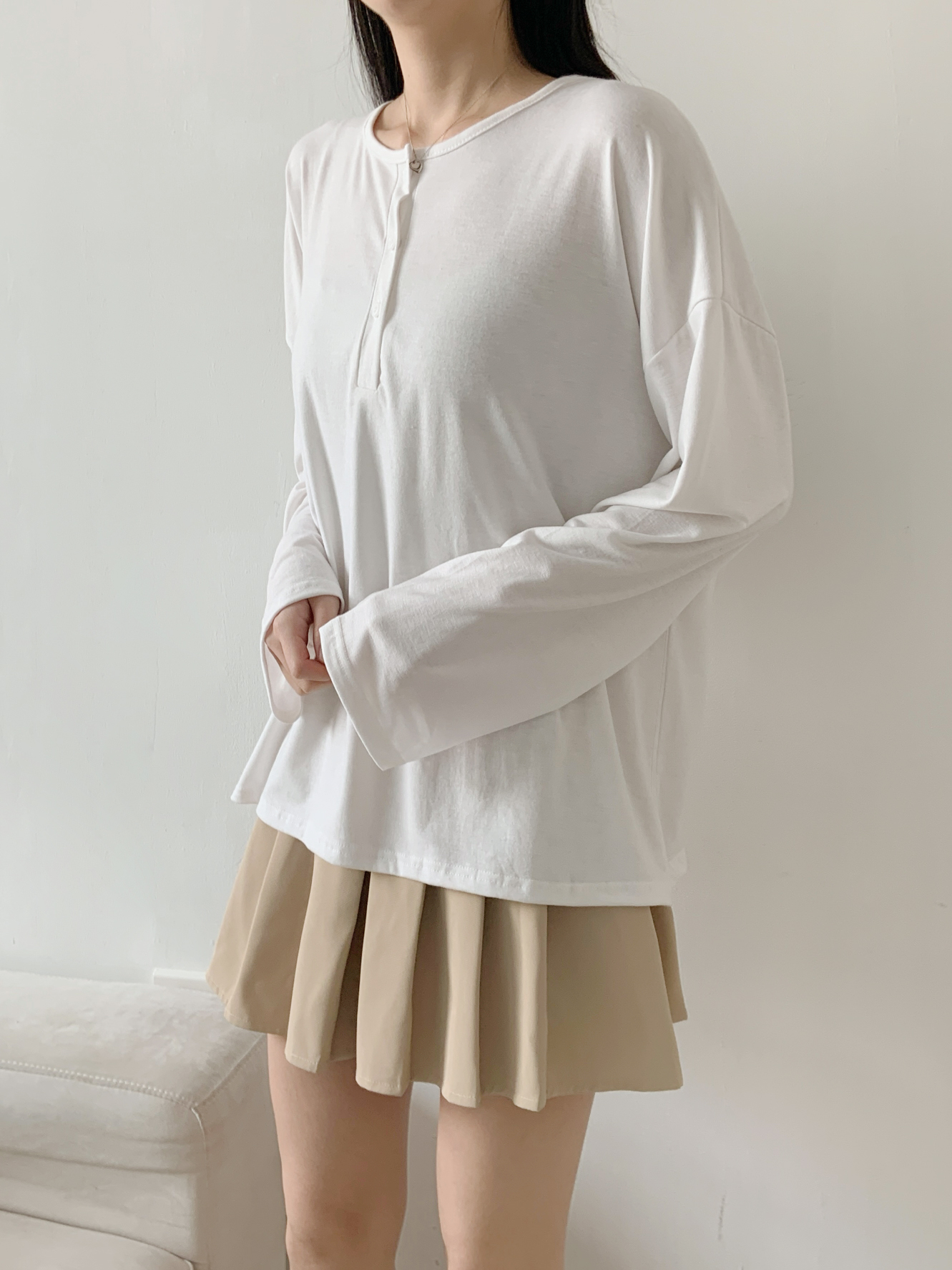 ヘンリーネックハーフボタンルーズ長袖無地Tシャツ | 詳細画像8