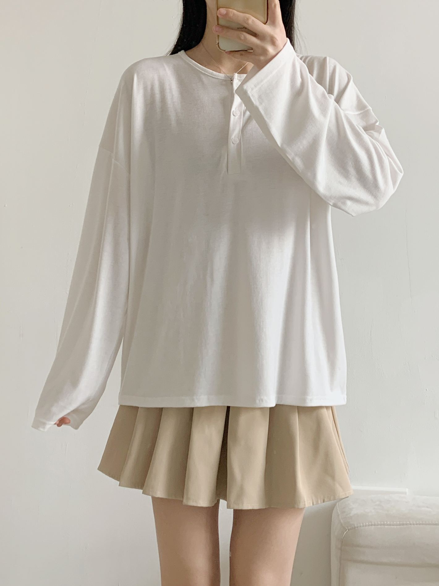 ヘンリーネックハーフボタンルーズ長袖無地Tシャツ | 詳細画像9