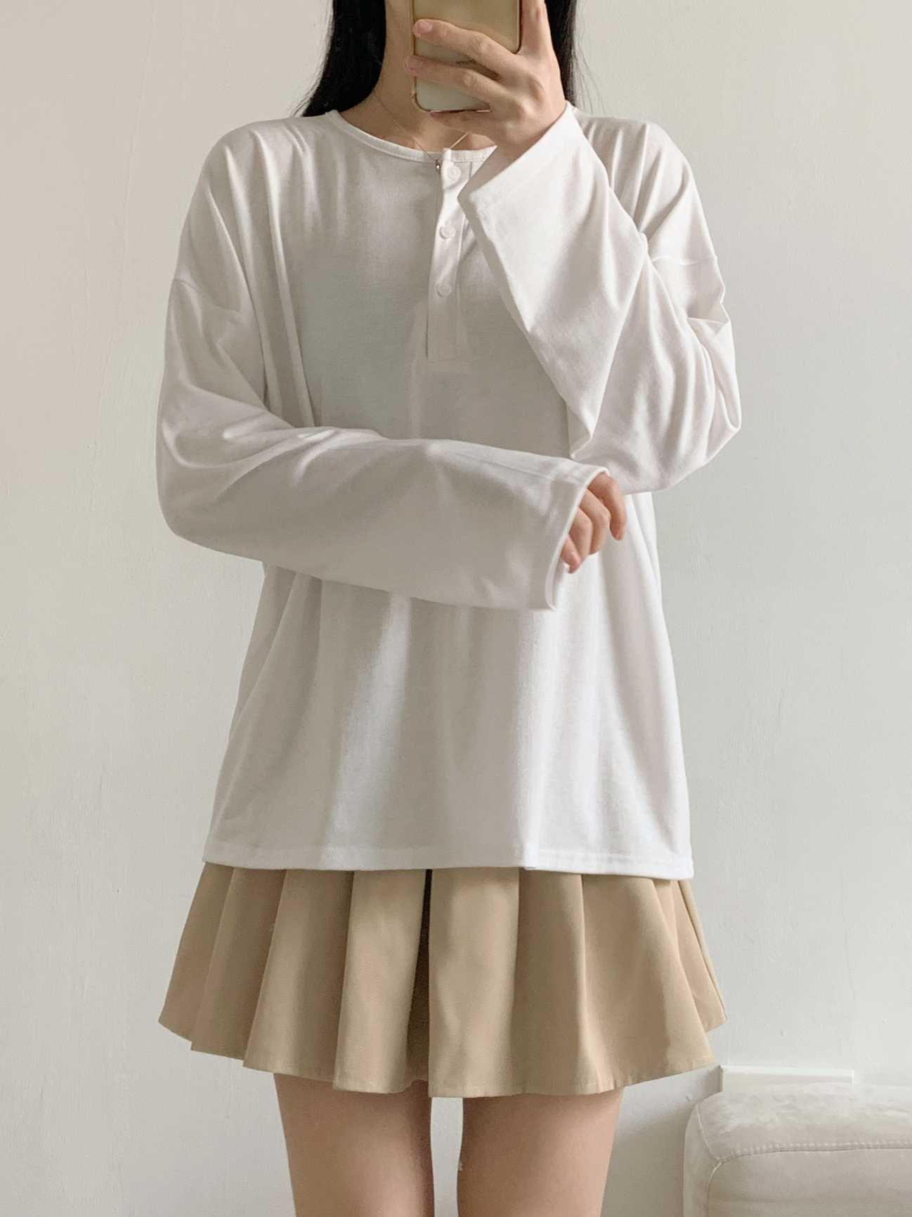 ヘンリーネックハーフボタンルーズ長袖無地Tシャツ | 詳細画像10