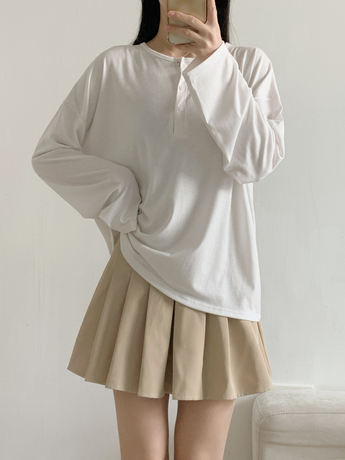 ヘンリーネックハーフボタンルーズ長袖無地Tシャツ | 詳細画像13