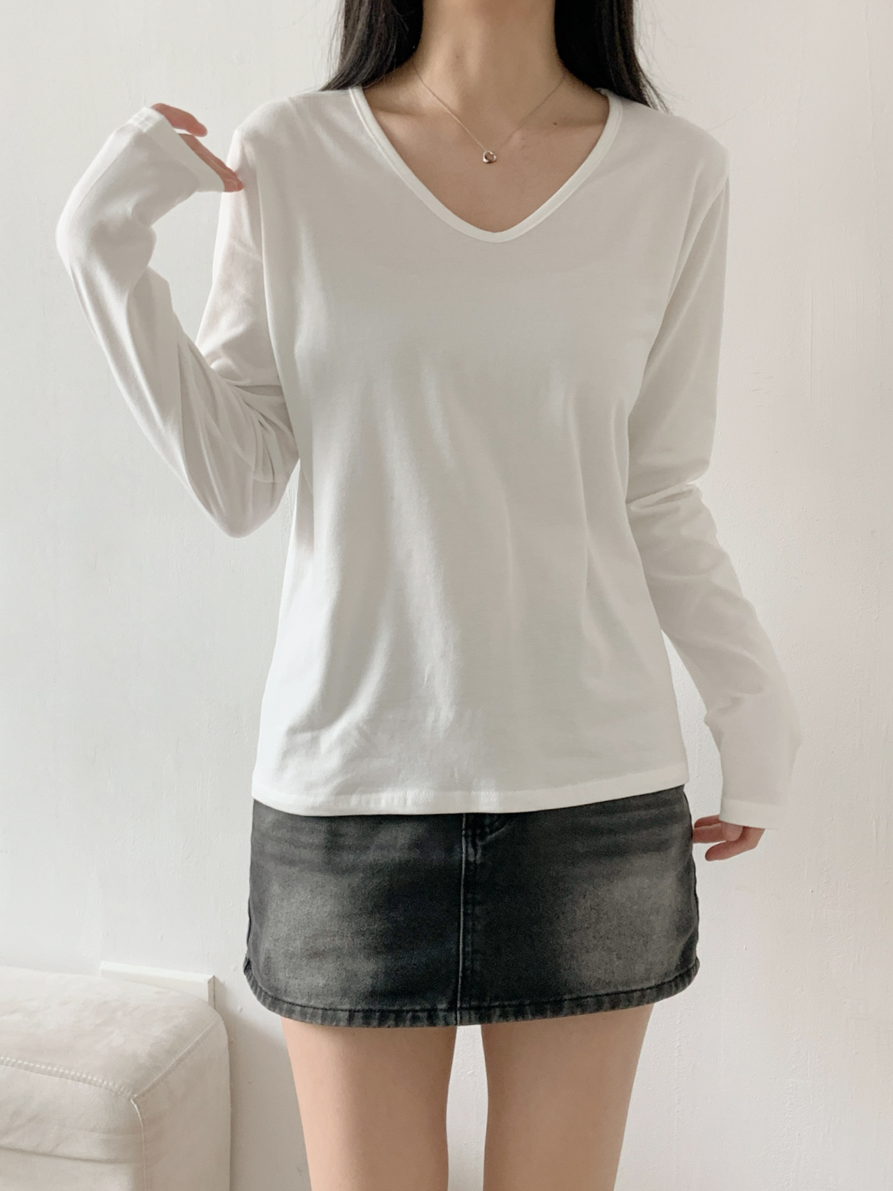 Vネックルーズ長袖ハーフ無地Tシャツ | 詳細画像2