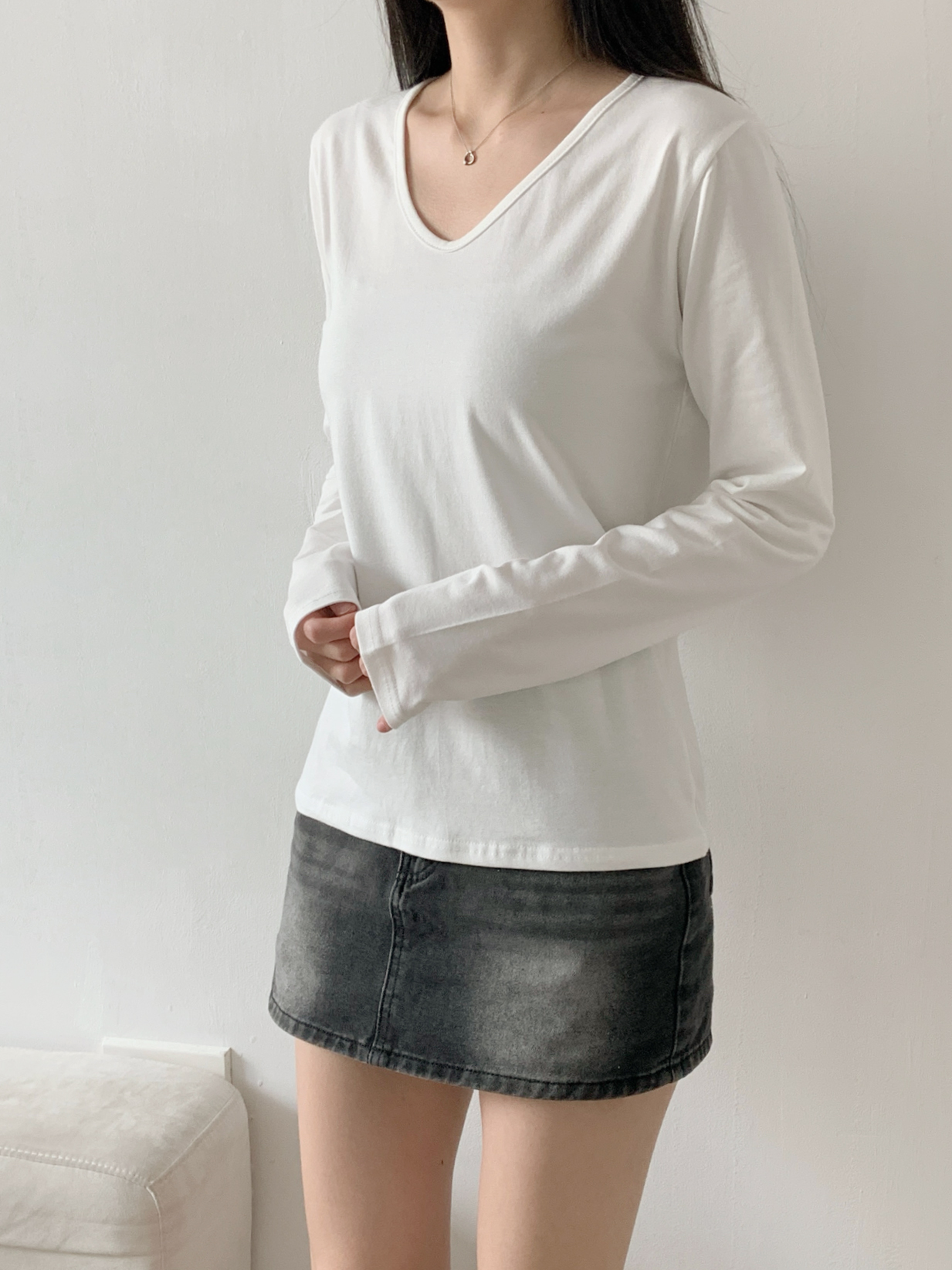 Vネックルーズ長袖ハーフ無地Tシャツ | 詳細画像3