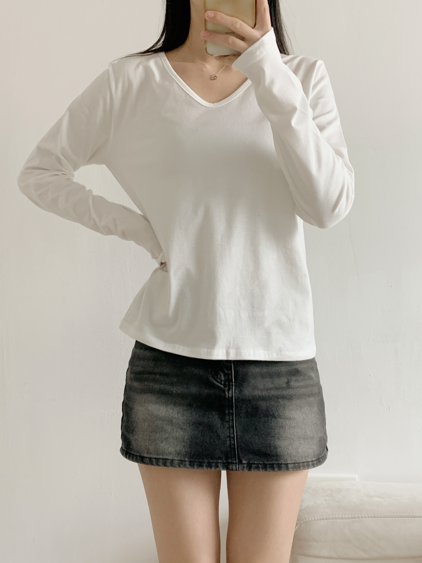 Vネックルーズ長袖ハーフ無地Tシャツ | 詳細画像5