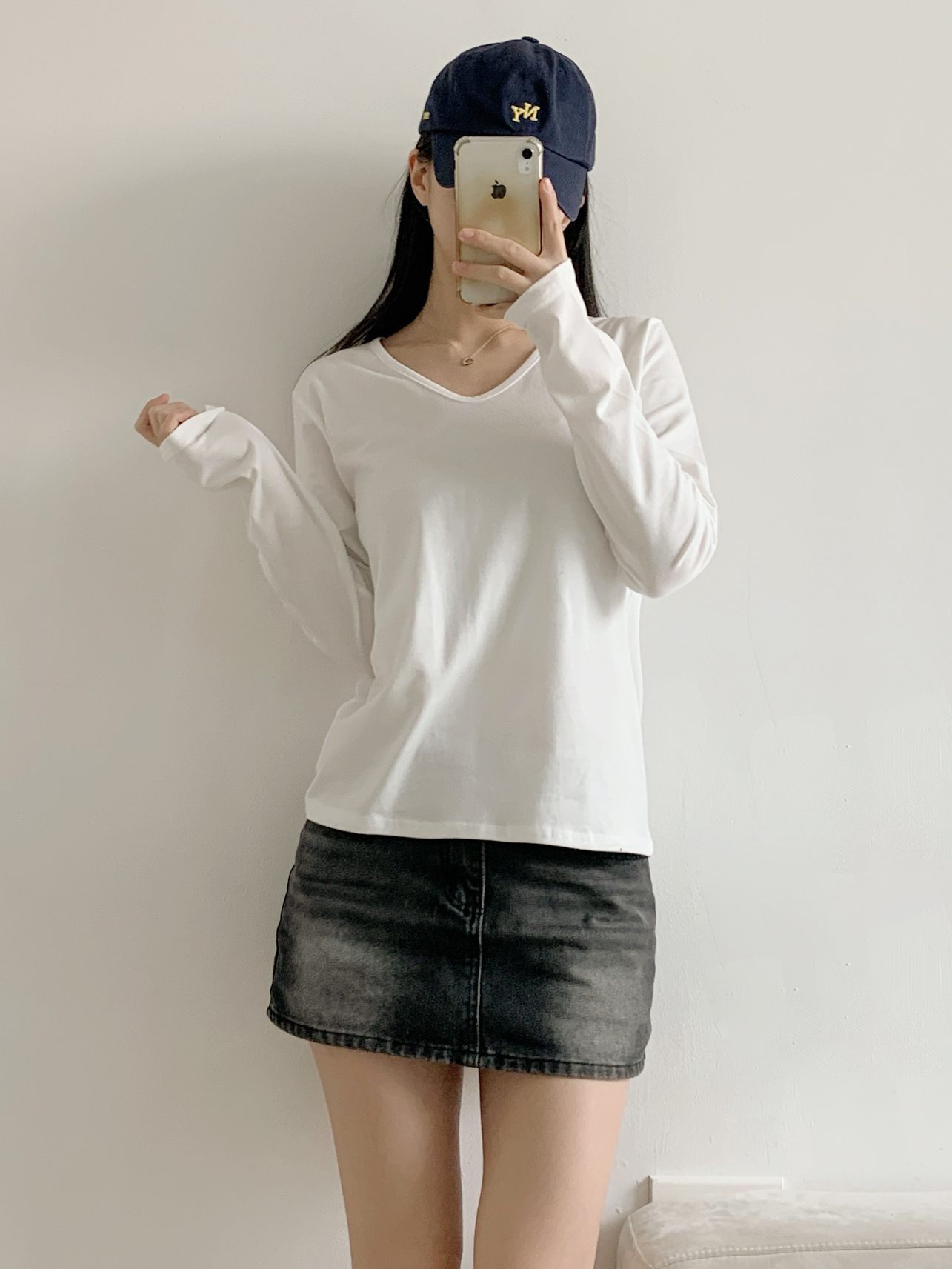 Vネックルーズ長袖ハーフ無地Tシャツ | 詳細画像4