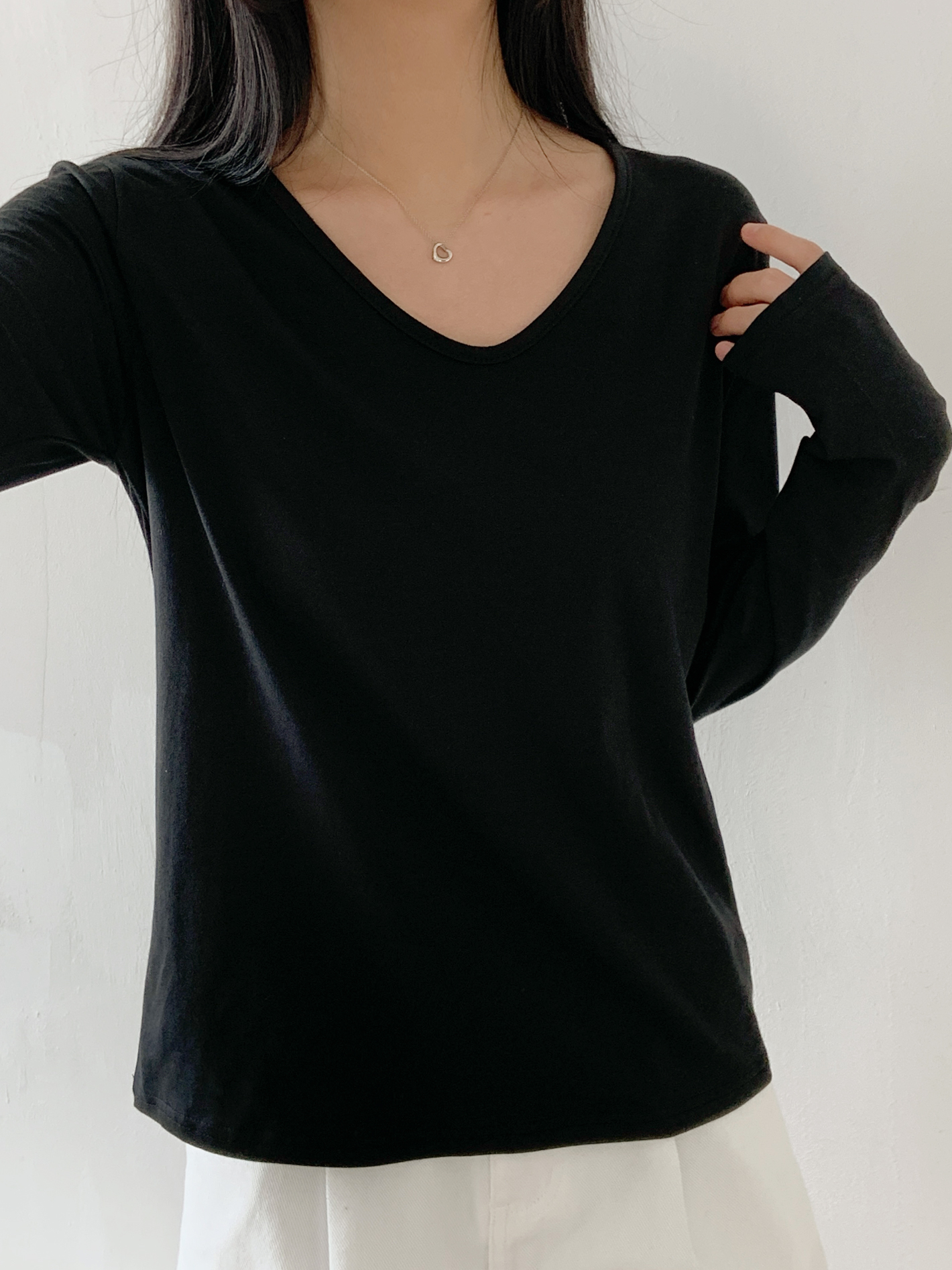 Vネックルーズ長袖ハーフ無地Tシャツ | 詳細画像7