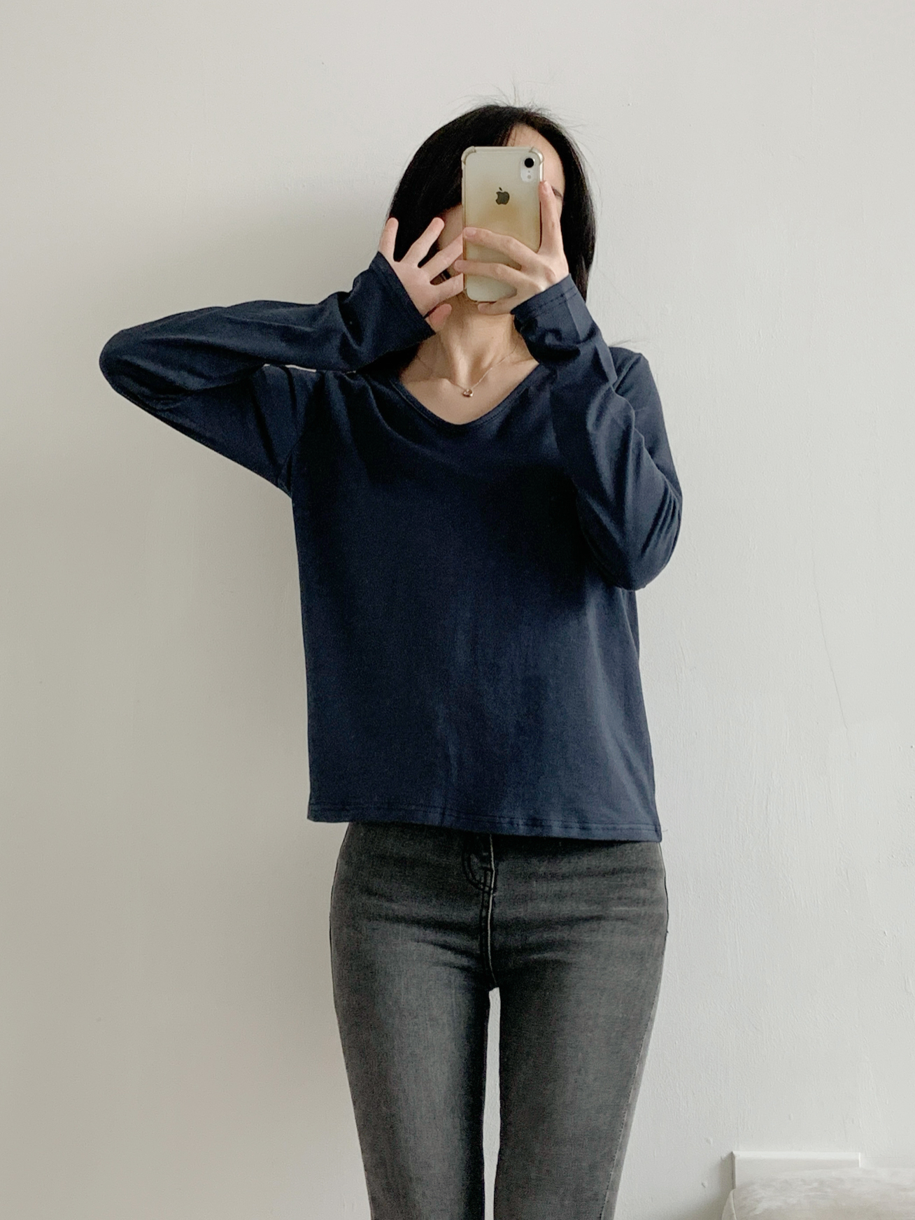 Vネックルーズ長袖ハーフ無地Tシャツ | 詳細画像15