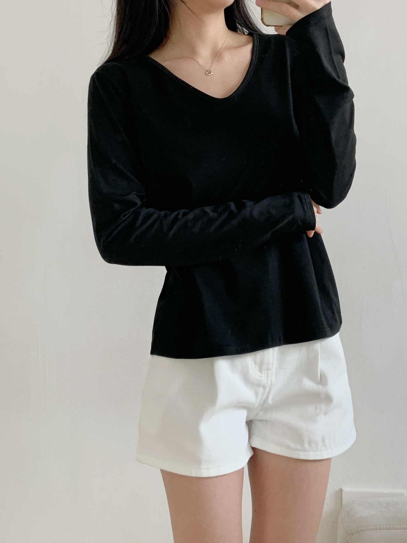 Vネックルーズ長袖ハーフ無地Tシャツ | 詳細画像9