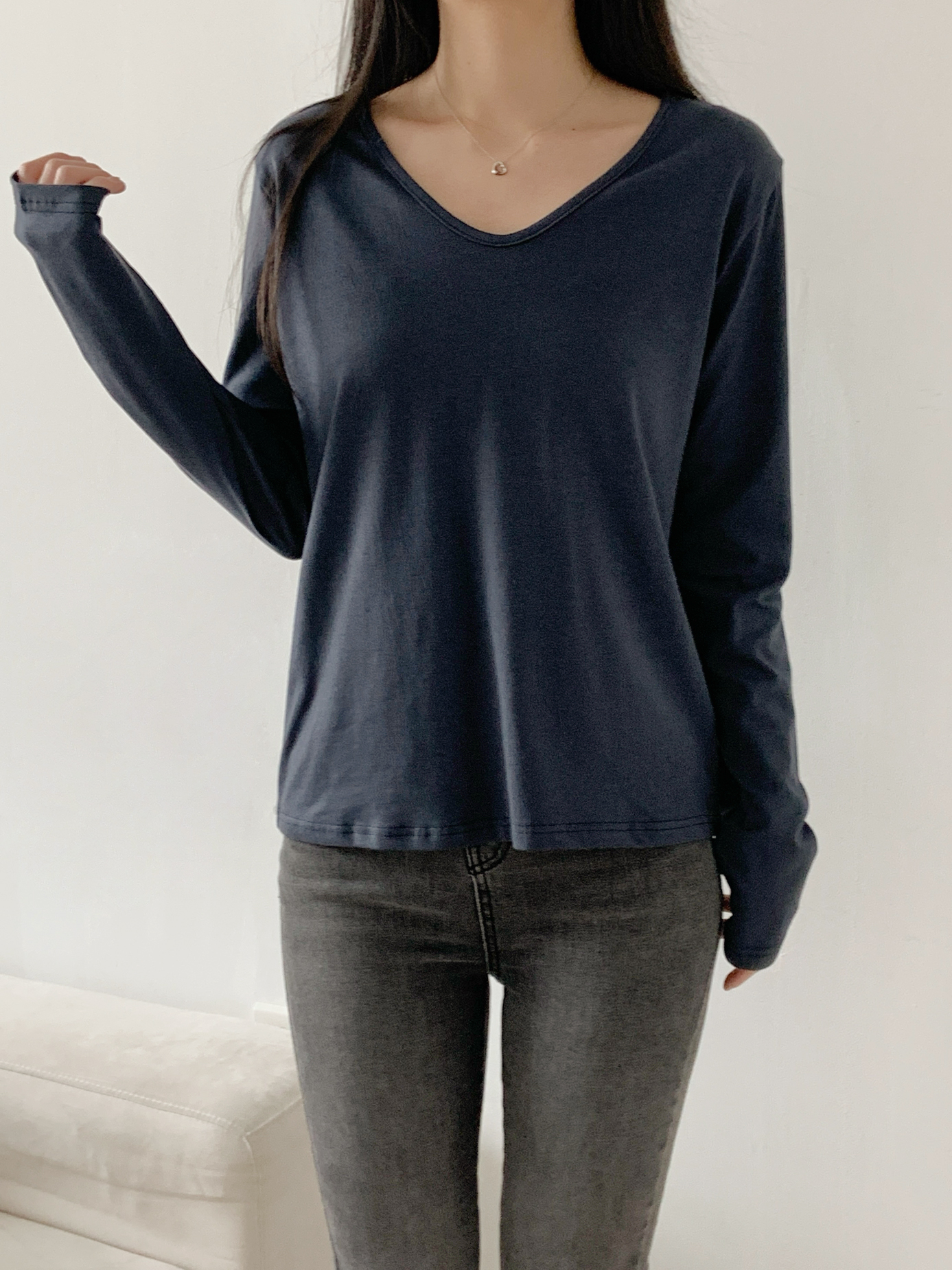 Vネックルーズ長袖ハーフ無地Tシャツ | 詳細画像16