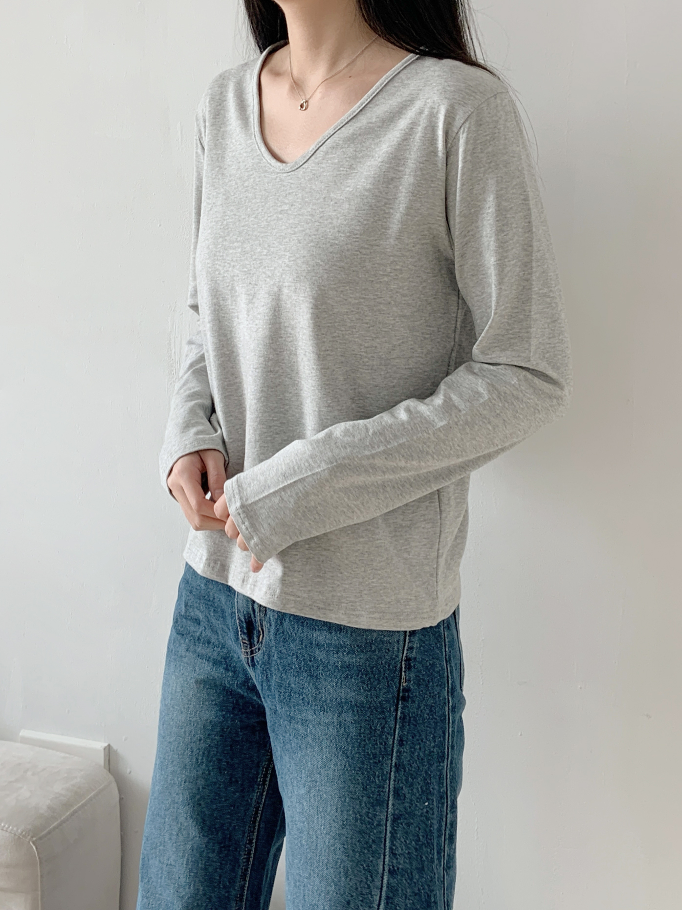 Vネックルーズ長袖ハーフ無地Tシャツ | 詳細画像12