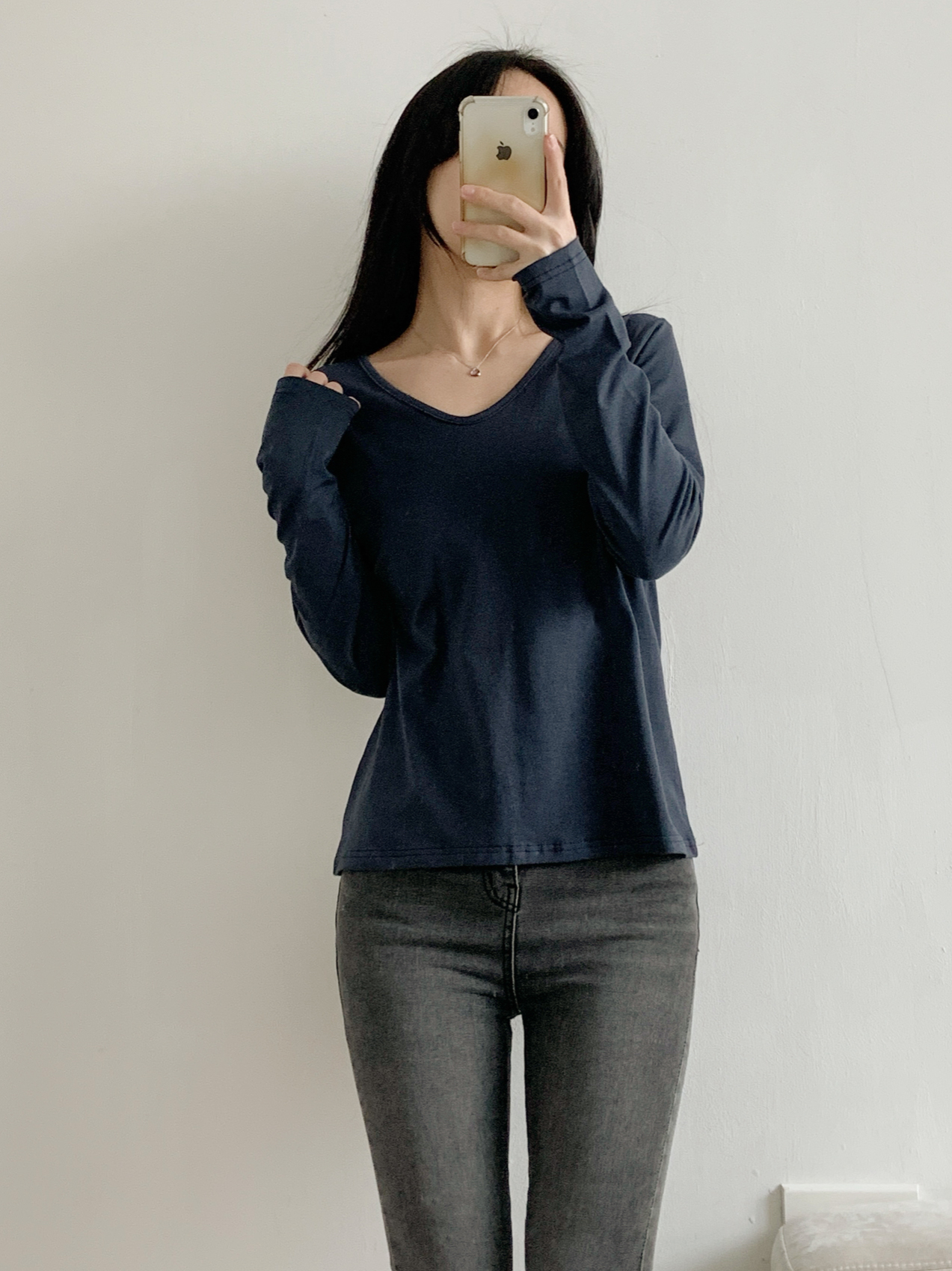 Vネックルーズ長袖ハーフ無地Tシャツ | 詳細画像14