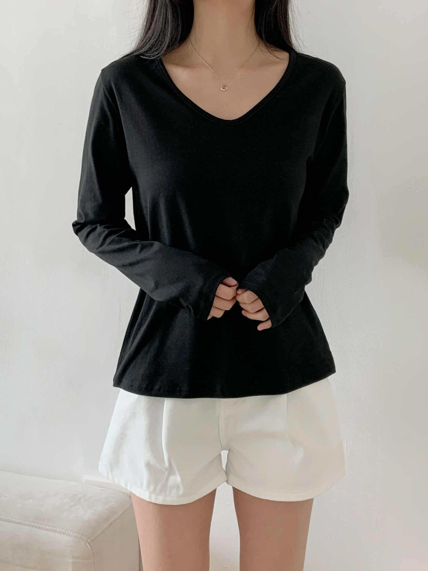 Vネックルーズ長袖ハーフ無地Tシャツ | 詳細画像8