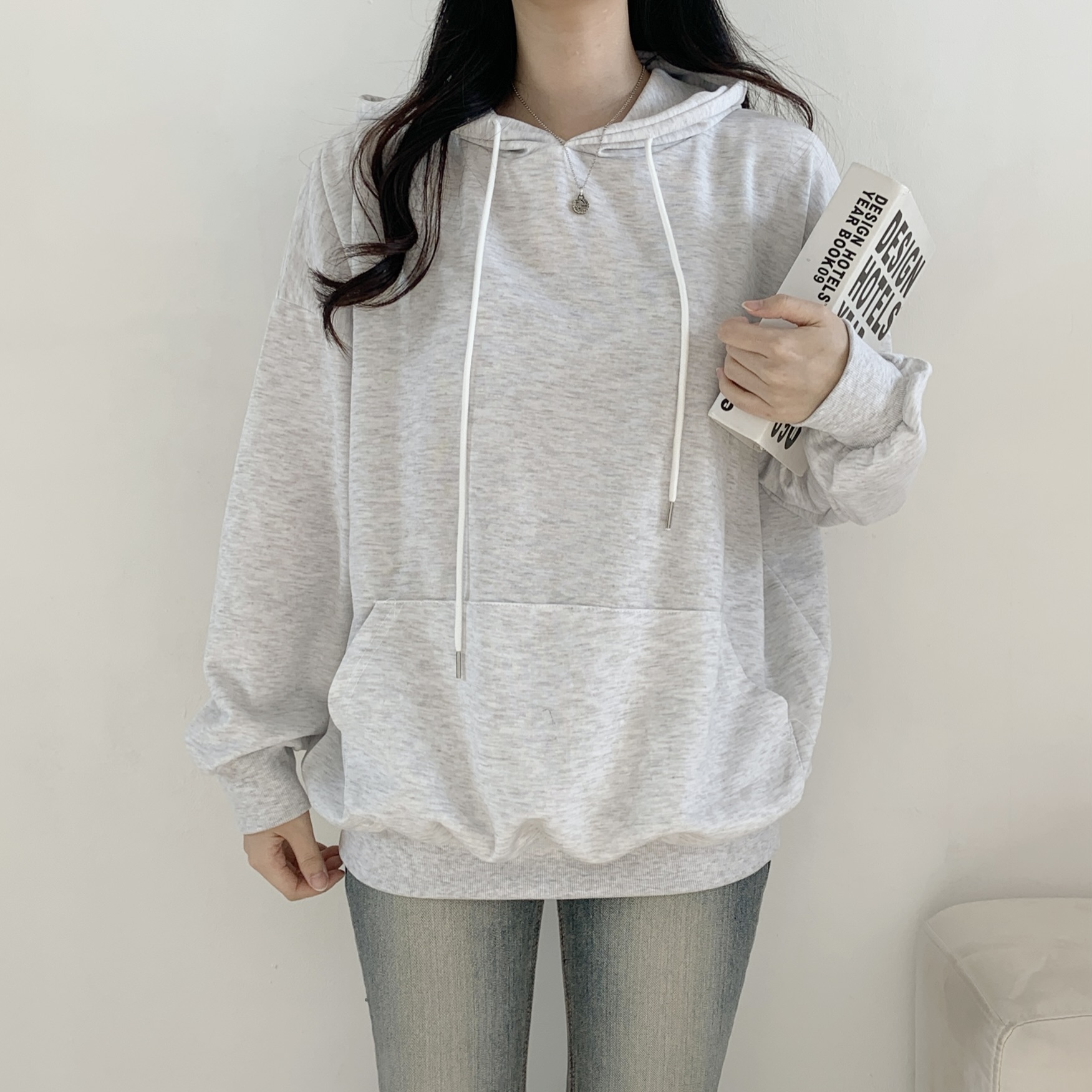 フードドローストリングオーバーサイズボクシー長袖ハーフカンガルーポケット無地パーカー | 詳細画像2