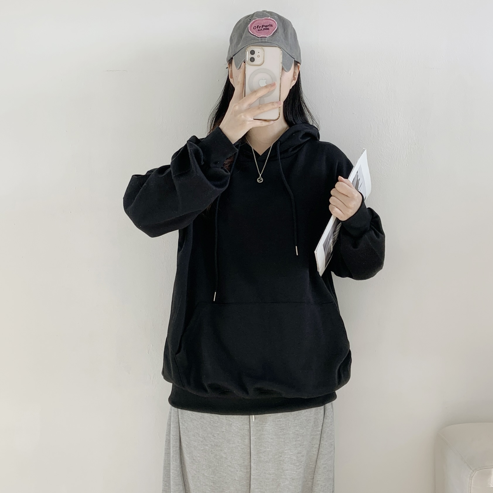 フードドローストリングオーバーサイズボクシー長袖ハーフカンガルーポケット無地パーカー | 詳細画像4