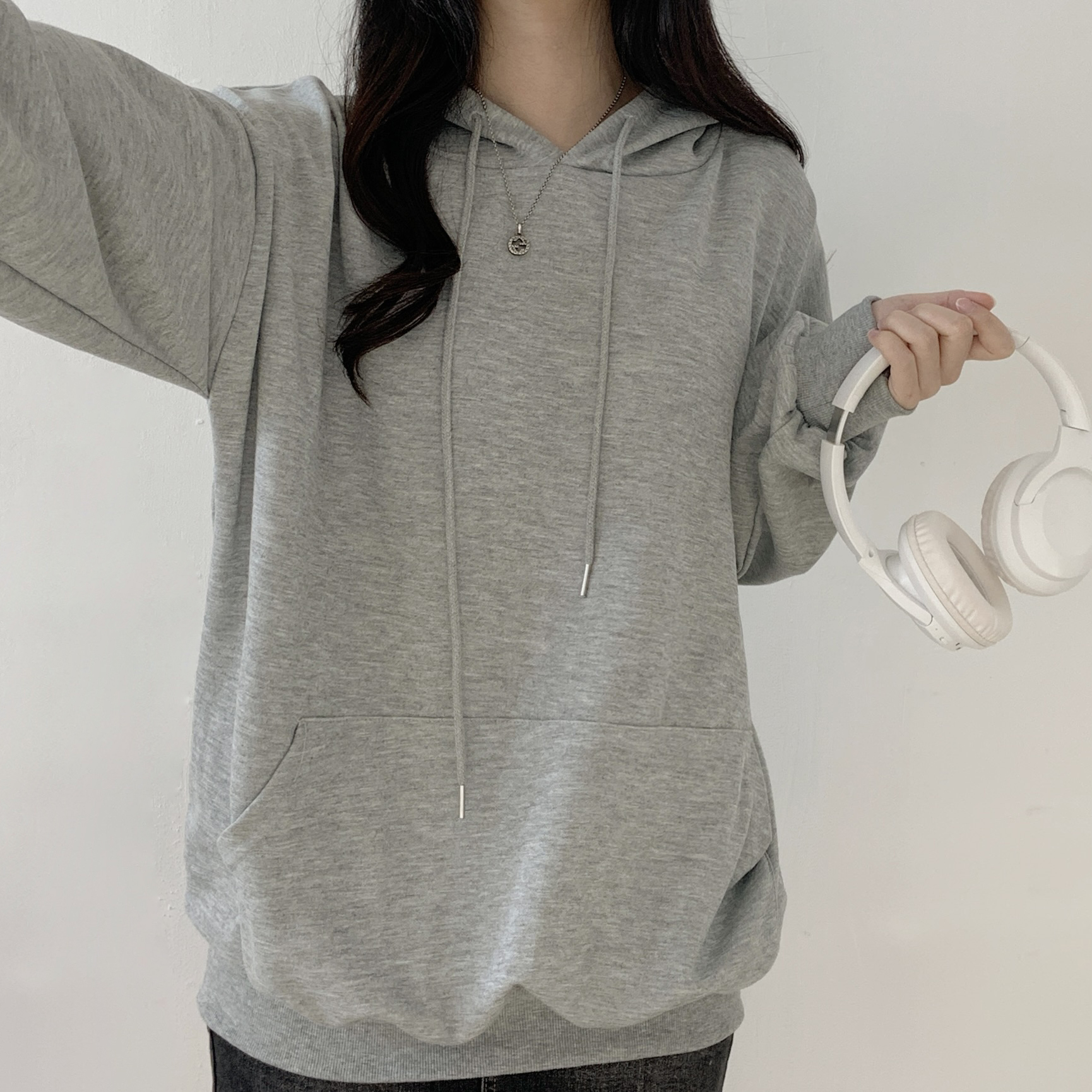 フードドローストリングオーバーサイズボクシー長袖ハーフカンガルーポケット無地パーカー | 詳細画像5