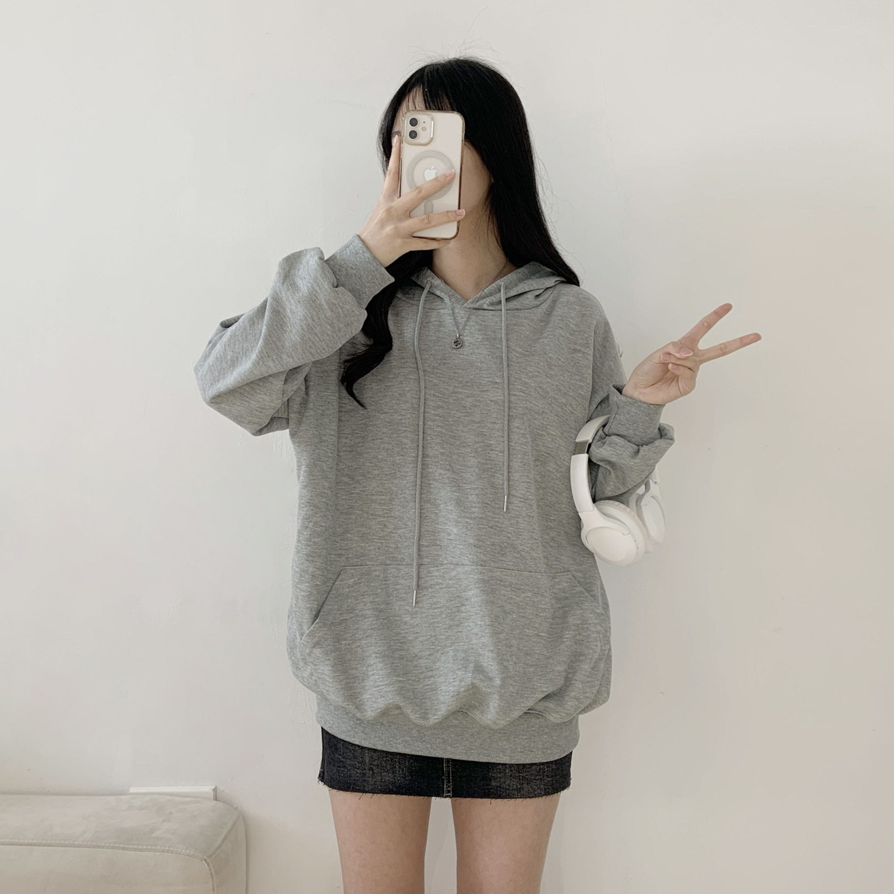 フードドローストリングオーバーサイズボクシー長袖ハーフカンガルーポケット無地パーカー | 詳細画像6