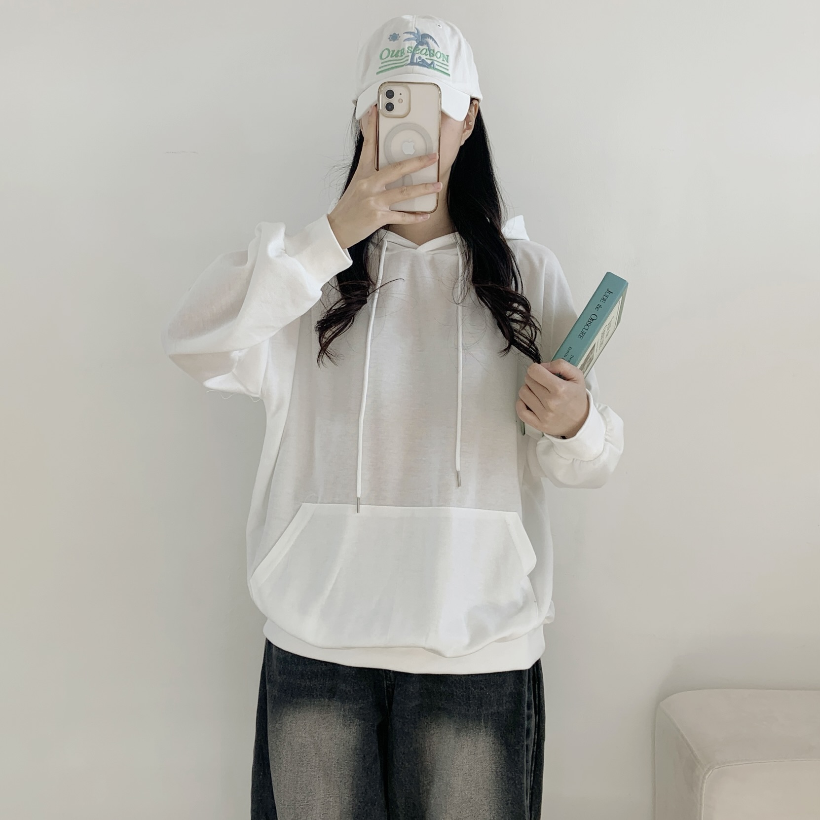 フードドローストリングオーバーサイズボクシー長袖ハーフカンガルーポケット無地パーカー | 詳細画像7