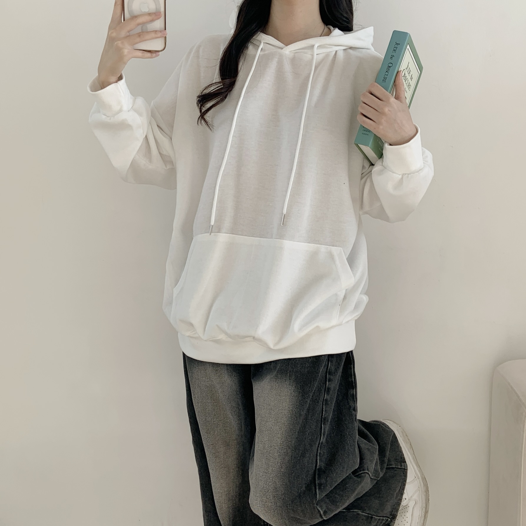 フードドローストリングオーバーサイズボクシー長袖ハーフカンガルーポケット無地パーカー | 詳細画像8