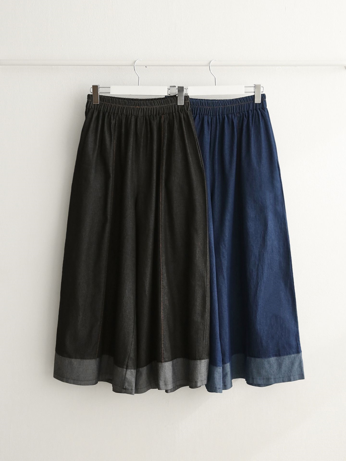 ノンウォッシュデニムシャーリングポケットウエストゴムワイド配色デニムパンツ | 詳細画像18