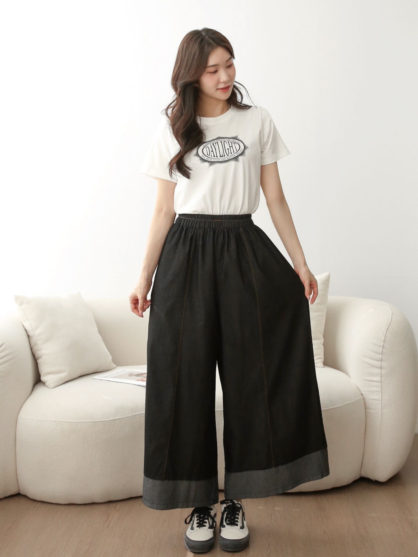 ノンウォッシュデニムシャーリングポケットウエストゴムワイド配色デニムパンツ | 詳細画像2