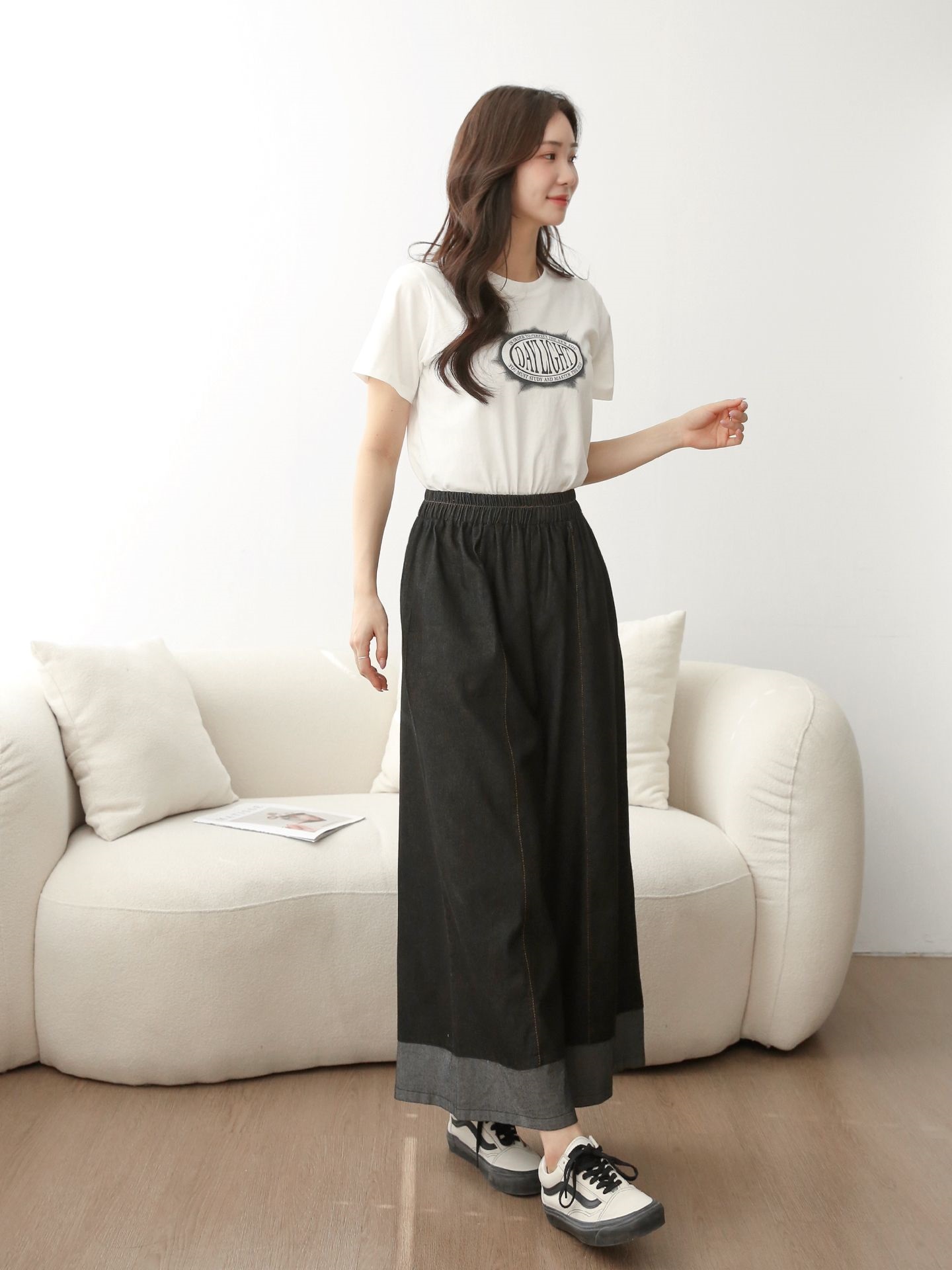 ノンウォッシュデニムシャーリングポケットウエストゴムワイド配色デニムパンツ | 詳細画像3