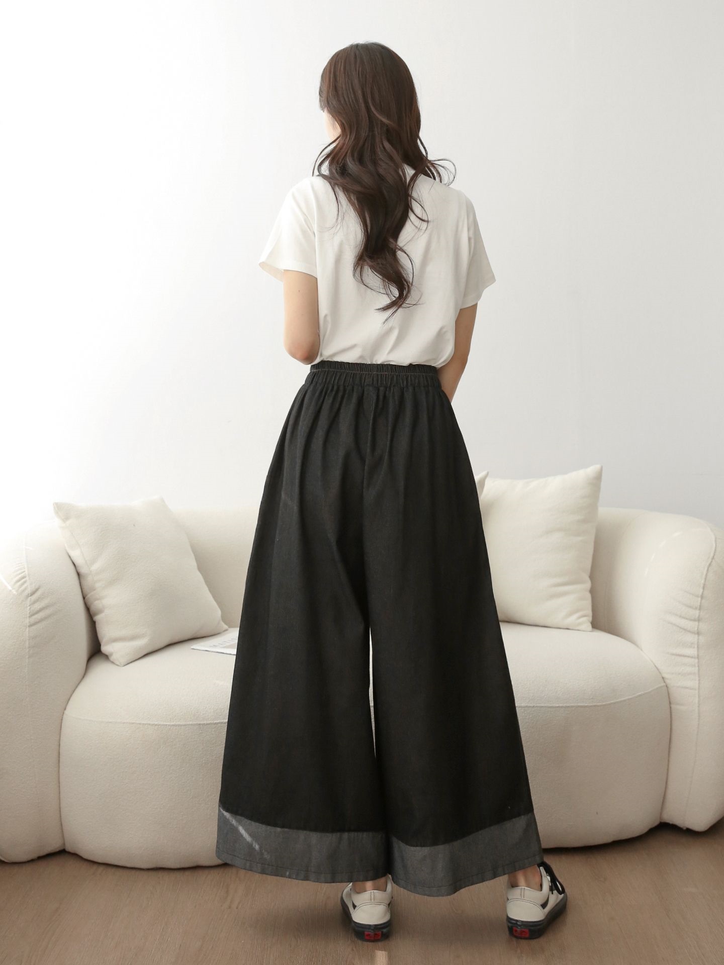 ノンウォッシュデニムシャーリングポケットウエストゴムワイド配色デニムパンツ | 詳細画像4