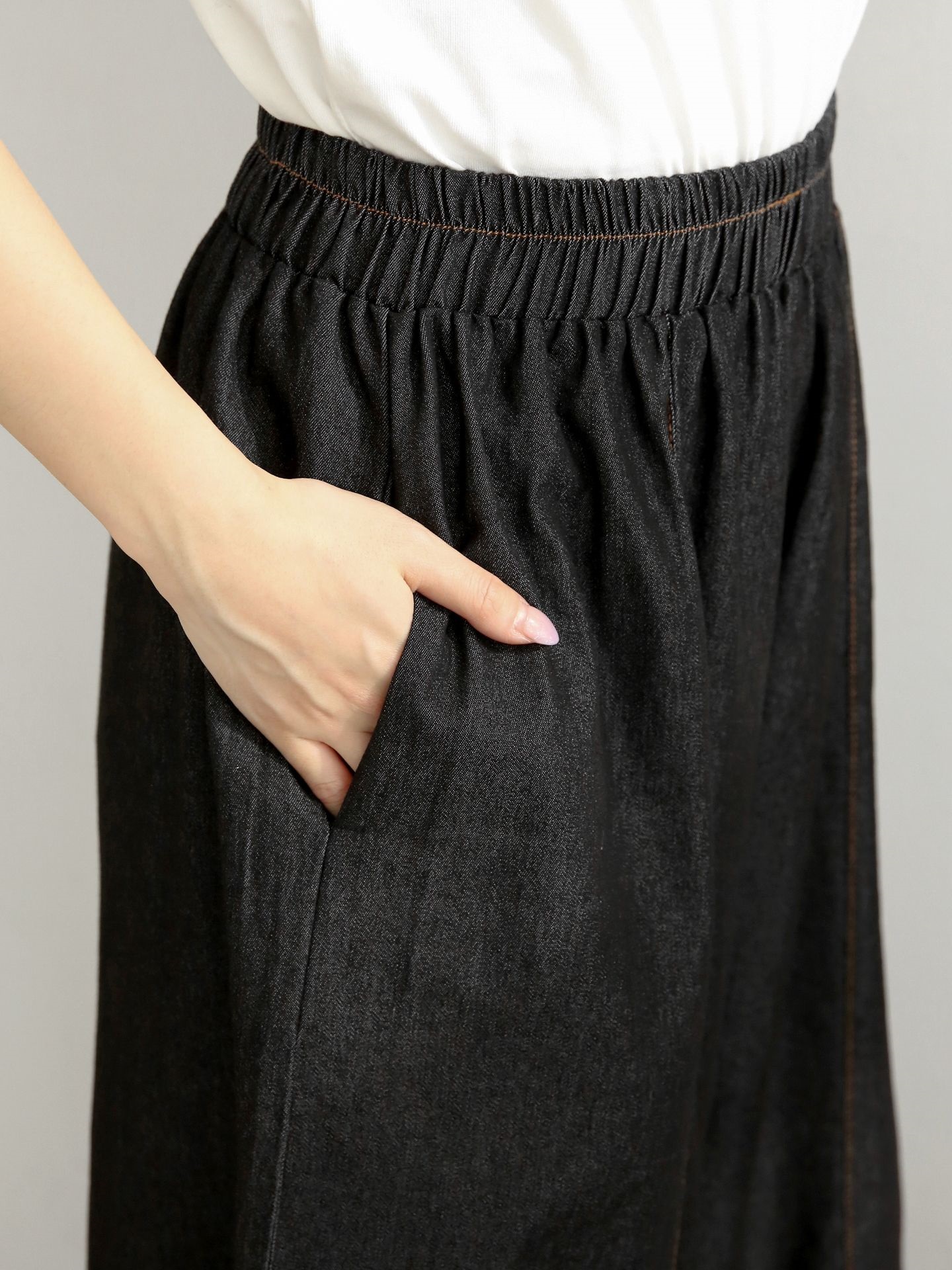 ノンウォッシュデニムシャーリングポケットウエストゴムワイド配色デニムパンツ | 詳細画像16