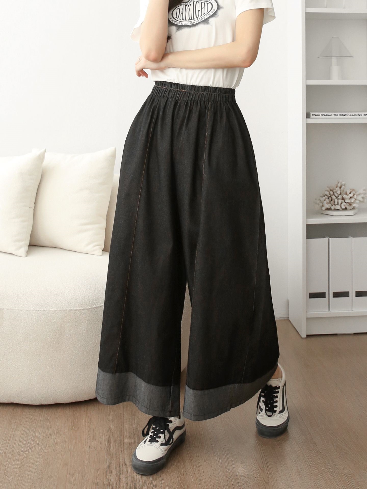 ノンウォッシュデニムシャーリングポケットウエストゴムワイド配色デニムパンツ | 詳細画像6