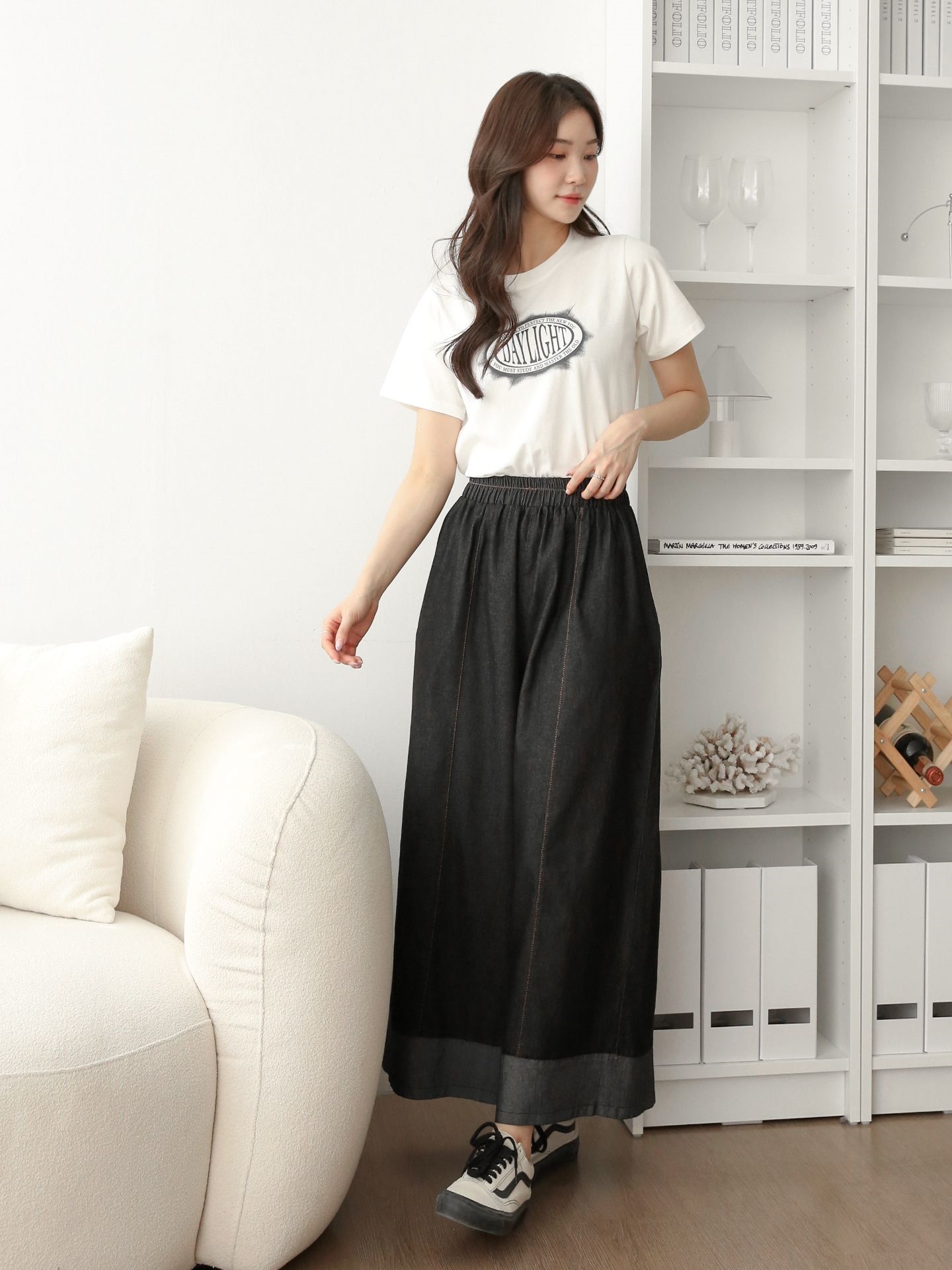 ノンウォッシュデニムシャーリングポケットウエストゴムワイド配色デニムパンツ | 詳細画像7