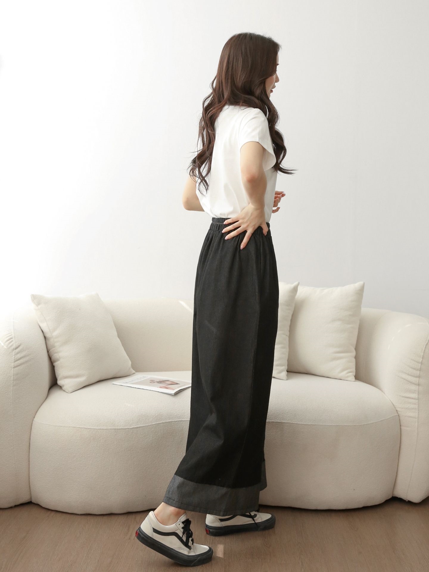 ノンウォッシュデニムシャーリングポケットウエストゴムワイド配色デニムパンツ | 詳細画像8