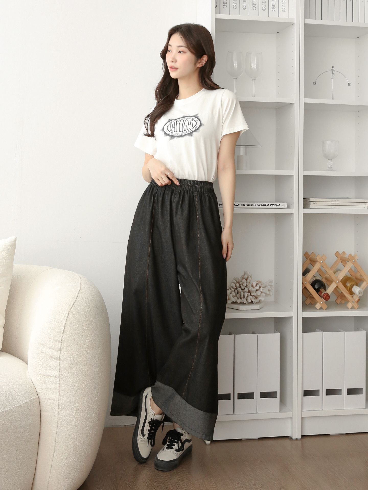 ノンウォッシュデニムシャーリングポケットウエストゴムワイド配色デニムパンツ | 詳細画像9