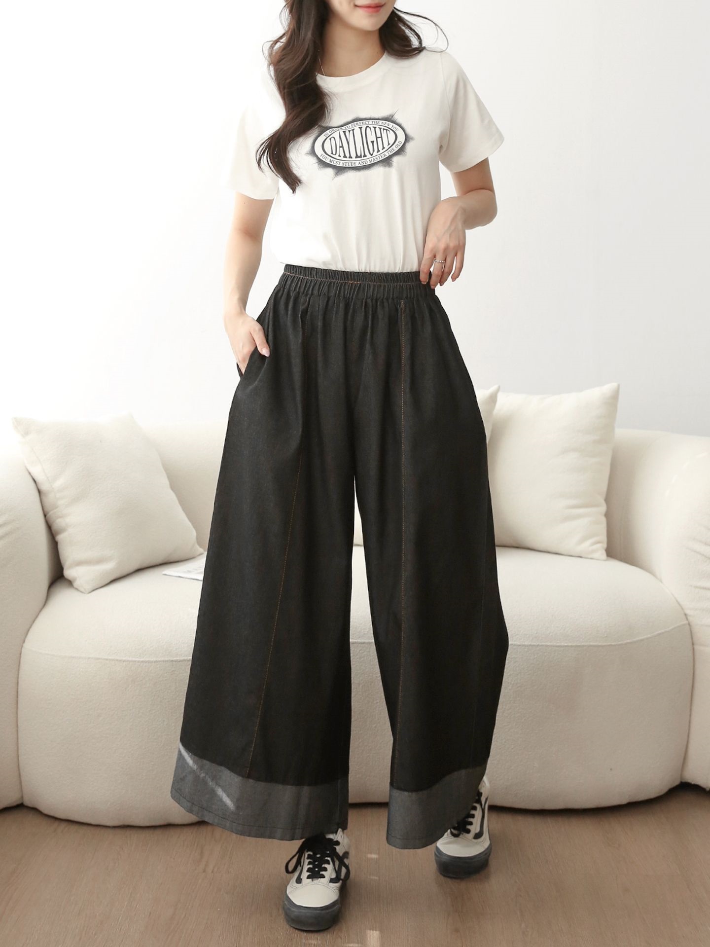 ノンウォッシュデニムシャーリングポケットウエストゴムワイド配色デニムパンツ | 詳細画像10