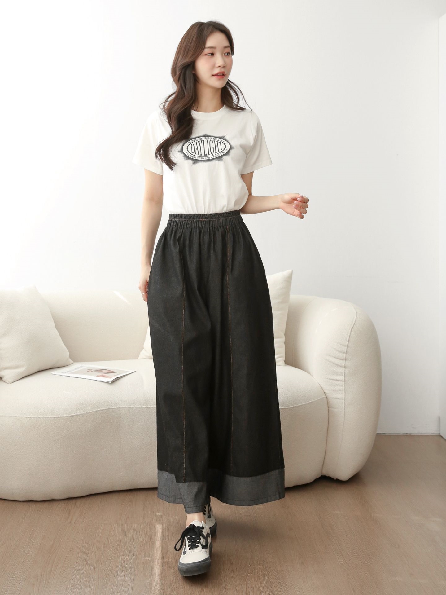 ノンウォッシュデニムシャーリングポケットウエストゴムワイド配色デニムパンツ | 詳細画像11