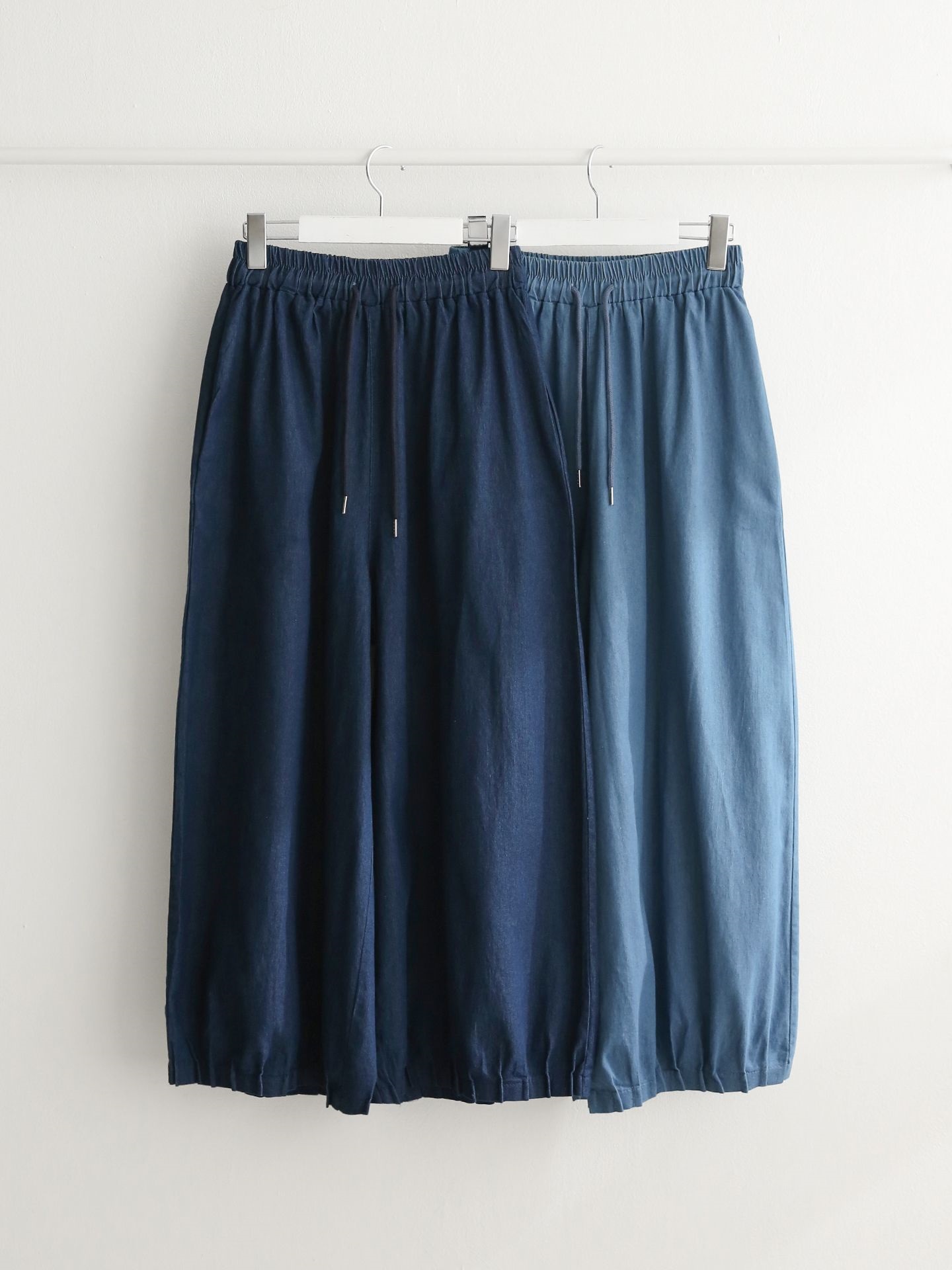 ノンウォッシュデニムドローストリングピンタックポケットウエストゴムワイドライトブルーディープブルーデニムパンツ | 詳細画像18