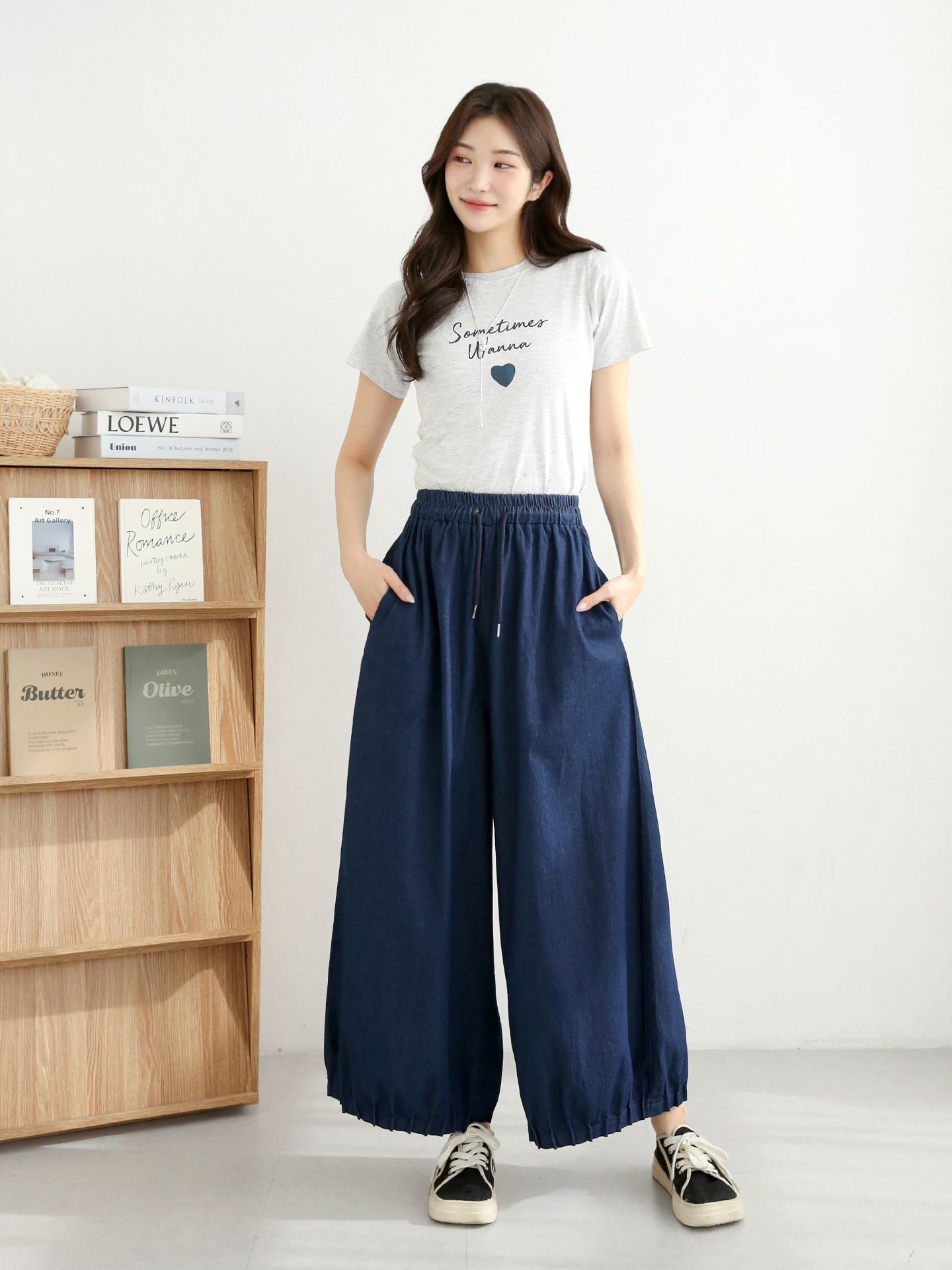 ノンウォッシュデニムドローストリングピンタックポケットウエストゴムワイドライトブルーディープブルーデニムパンツ | 詳細画像2