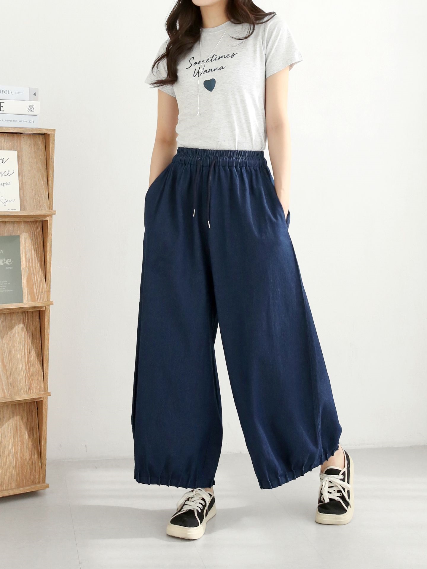 ノンウォッシュデニムドローストリングピンタックポケットウエストゴムワイドライトブルーディープブルーデニムパンツ | 詳細画像5