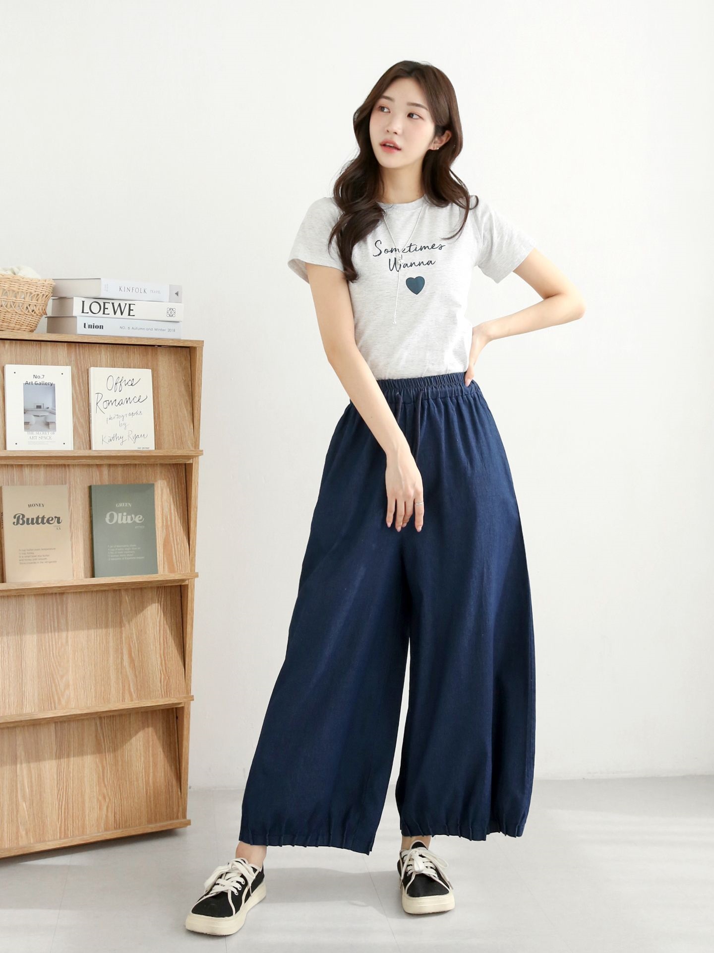 ノンウォッシュデニムドローストリングピンタックポケットウエストゴムワイドライトブルーディープブルーデニムパンツ | 詳細画像6