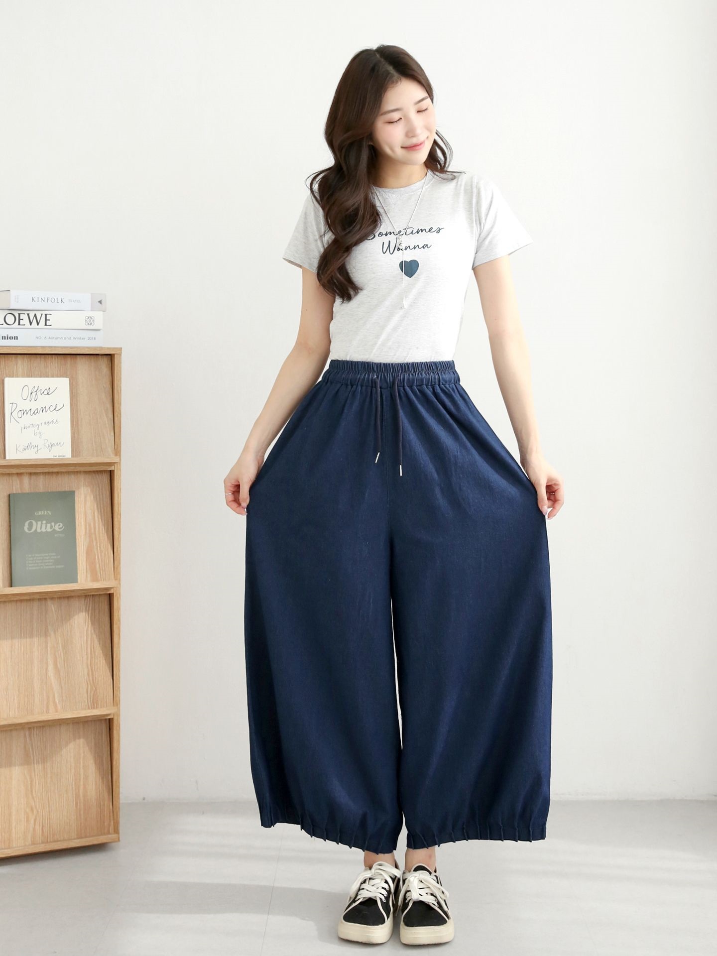 ノンウォッシュデニムドローストリングピンタックポケットウエストゴムワイドライトブルーディープブルーデニムパンツ | 詳細画像8