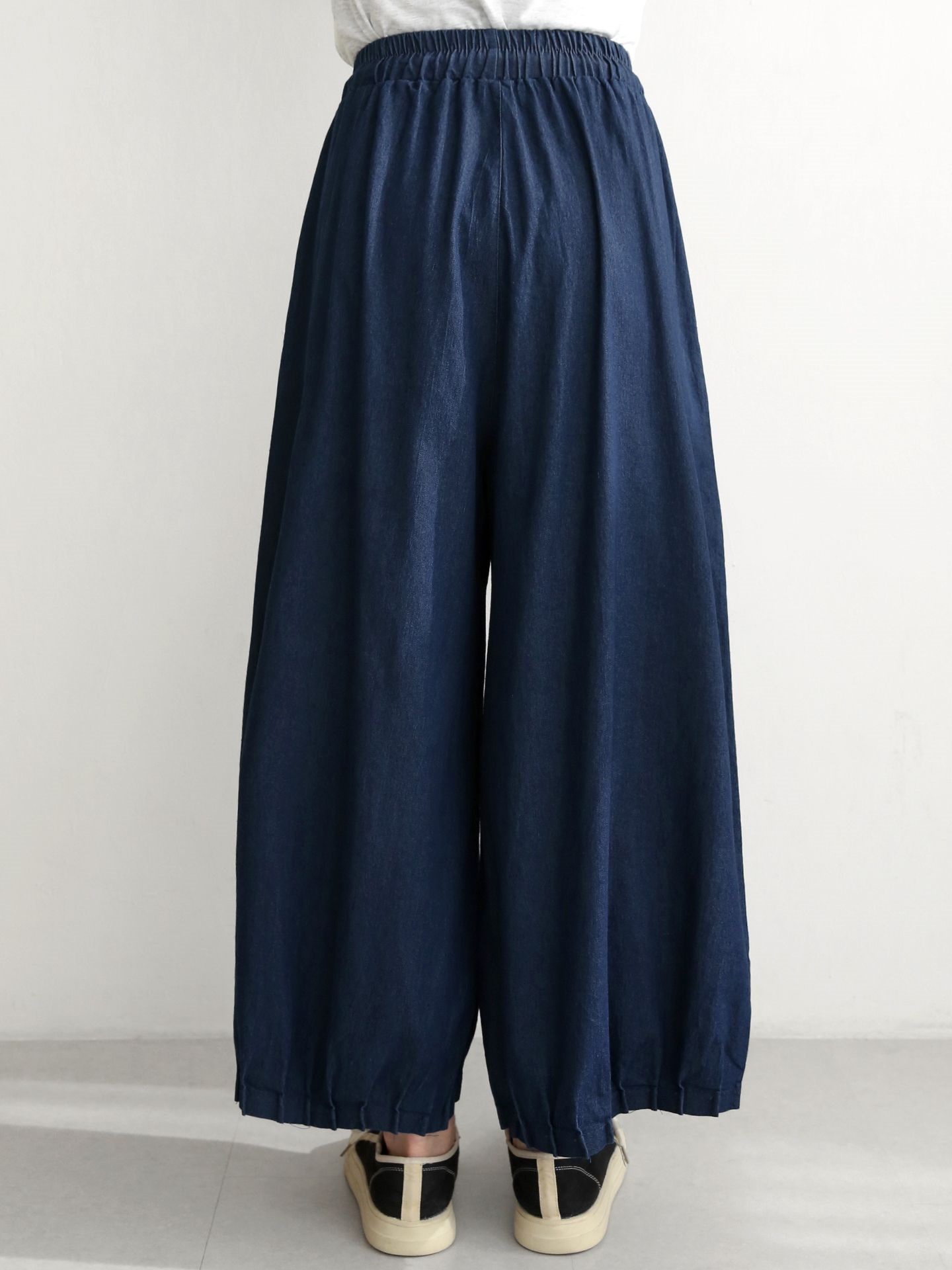 ノンウォッシュデニムドローストリングピンタックポケットウエストゴムワイドライトブルーディープブルーデニムパンツ | 詳細画像9