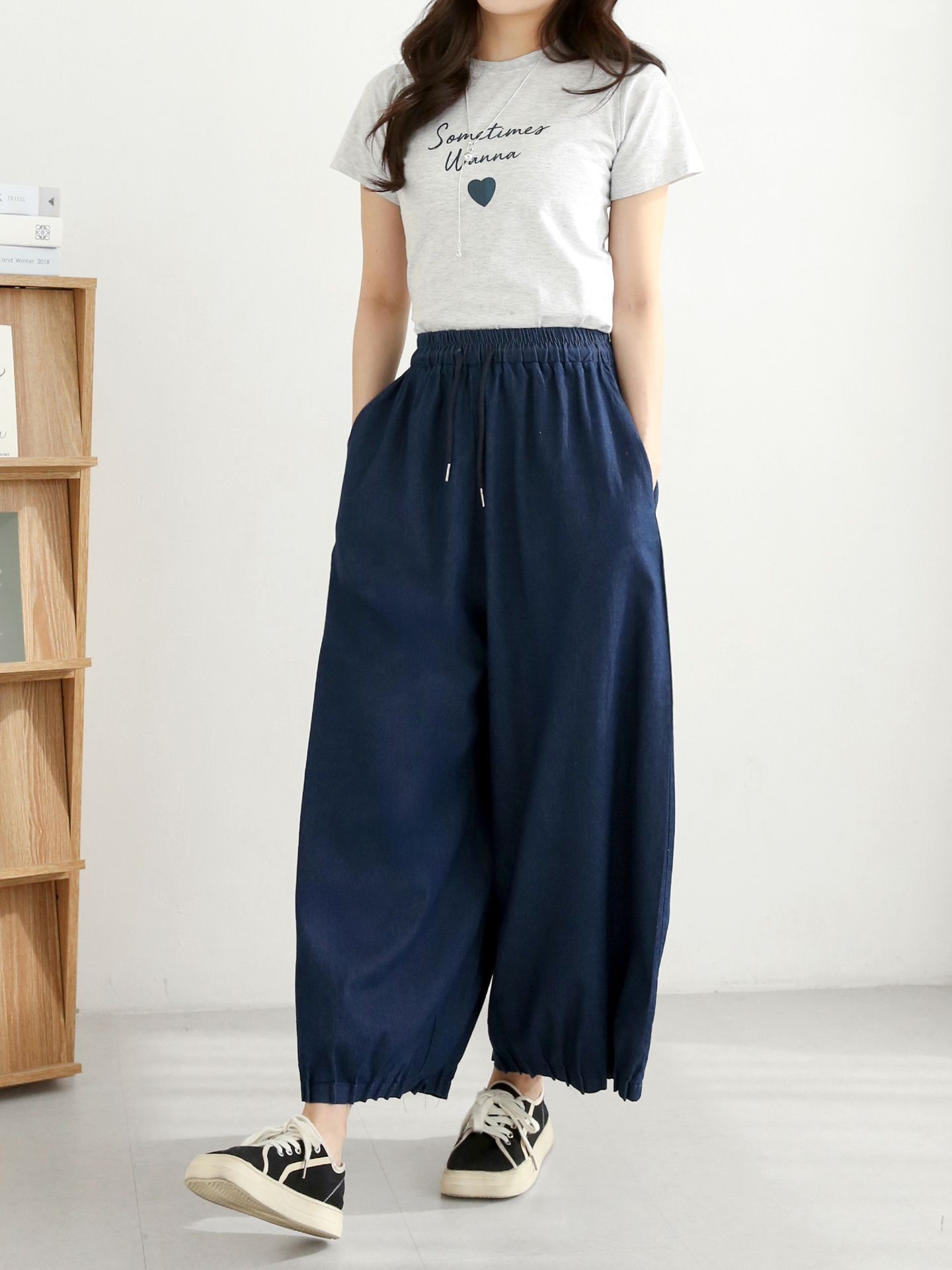 ノンウォッシュデニムドローストリングピンタックポケットウエストゴムワイドライトブルーディープブルーデニムパンツ | 詳細画像10