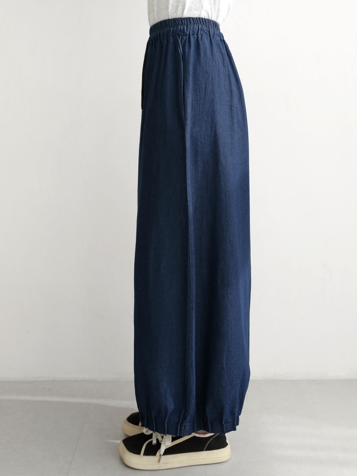 ノンウォッシュデニムドローストリングピンタックポケットウエストゴムワイドライトブルーディープブルーデニムパンツ | 詳細画像11